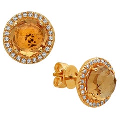 1.83 Carat Round Citrine & Diamond Yellow Gold Stud Earrings