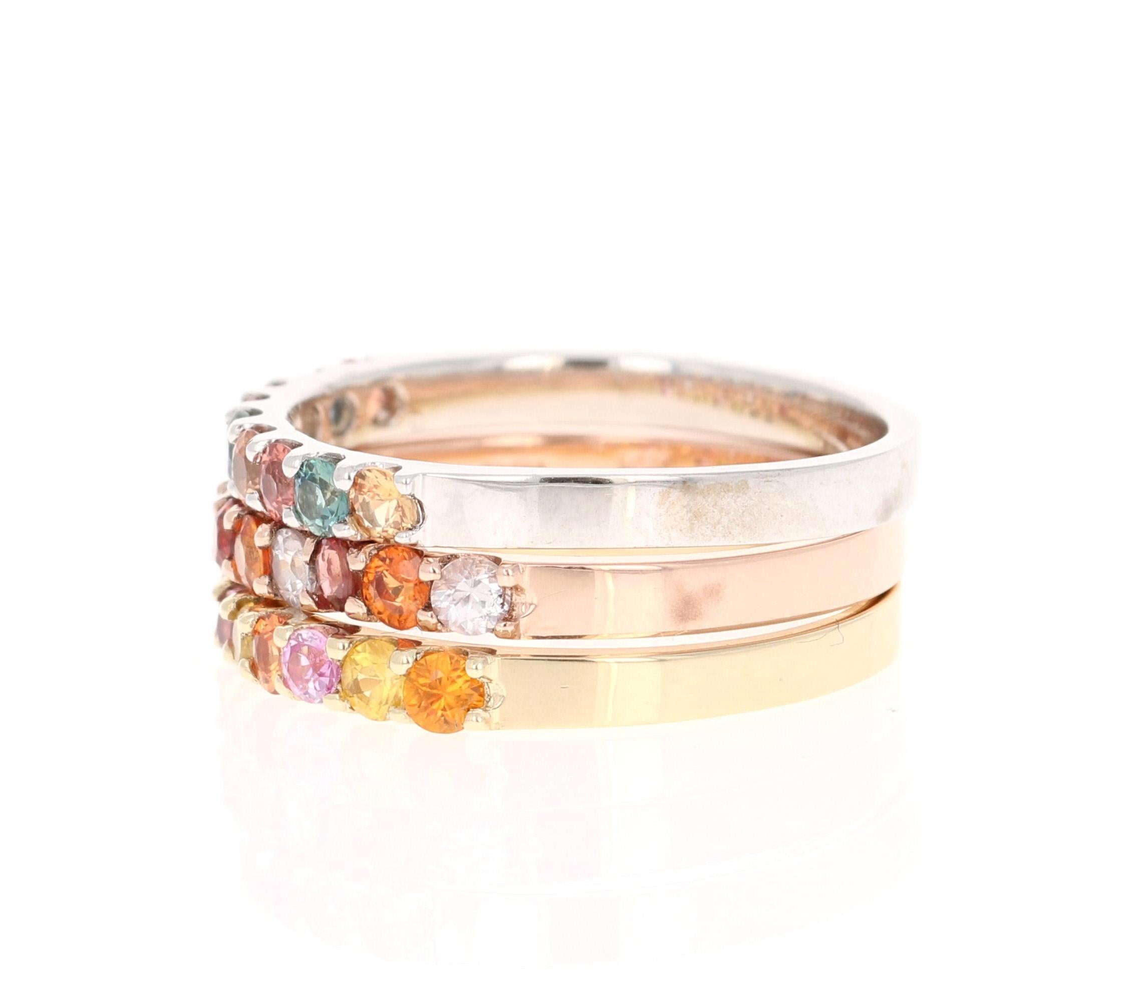 1,83 Karat Rundschliff Mehrfarbiger Saphir 14 Karat Gold Stapelbare Ringe (Moderne)