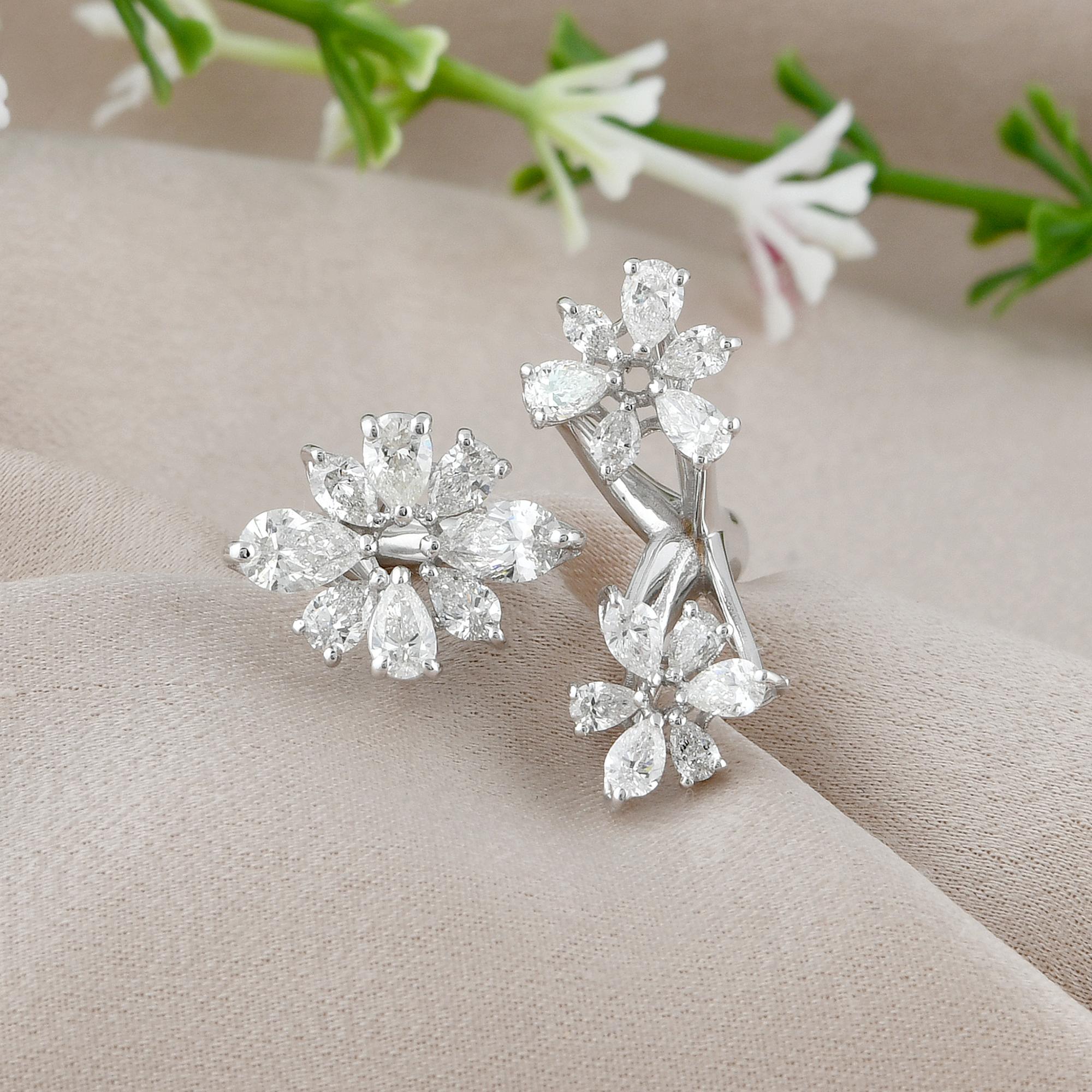 Pear Cut 1.83 Carat SI Clarity HI Color Pear Diamond Cluster Flower Ring 18k White Gold For Sale