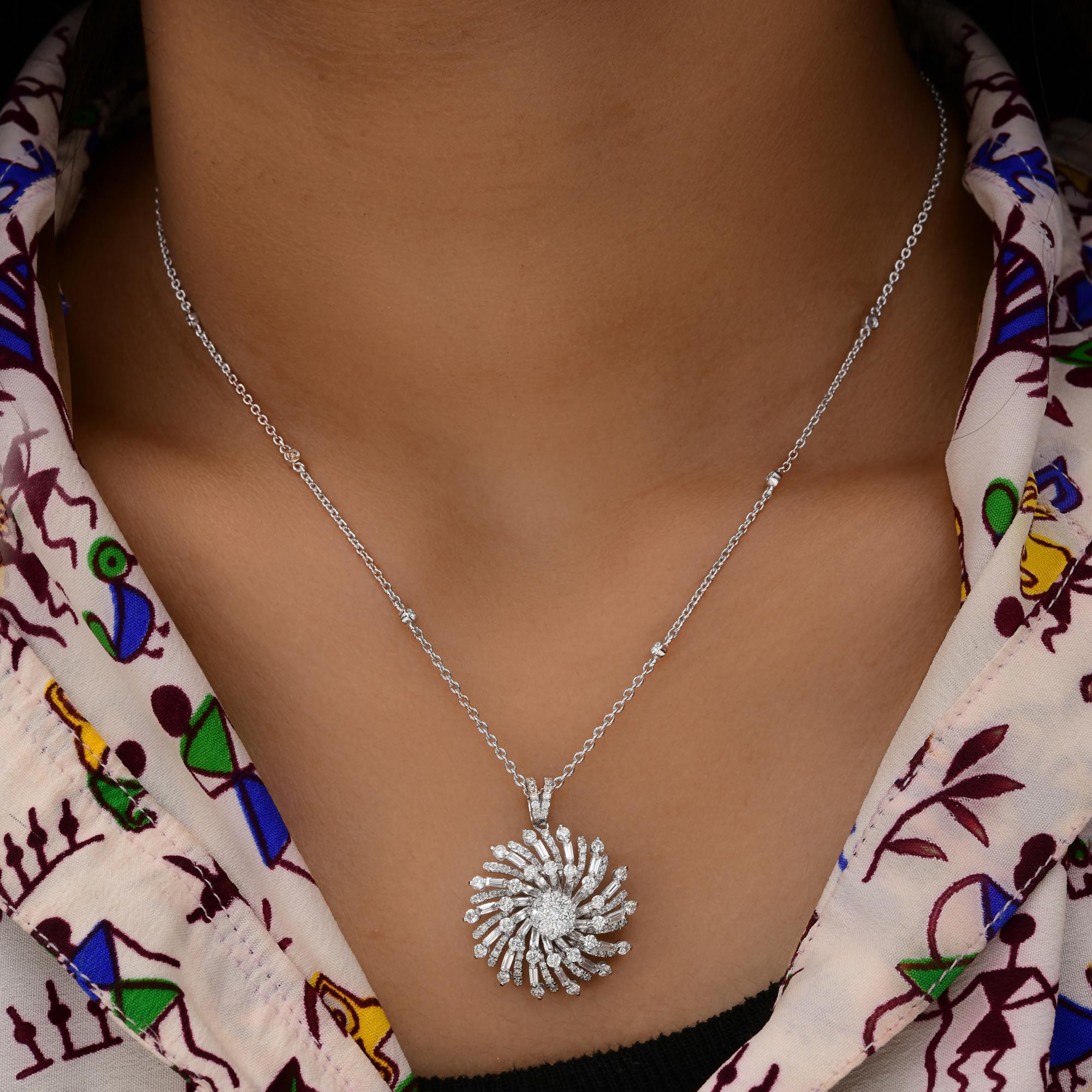 Modern 1.83 Carat SI/H Baguette Round Diamond Sunflower Pendant Necklace 18k White Gold For Sale