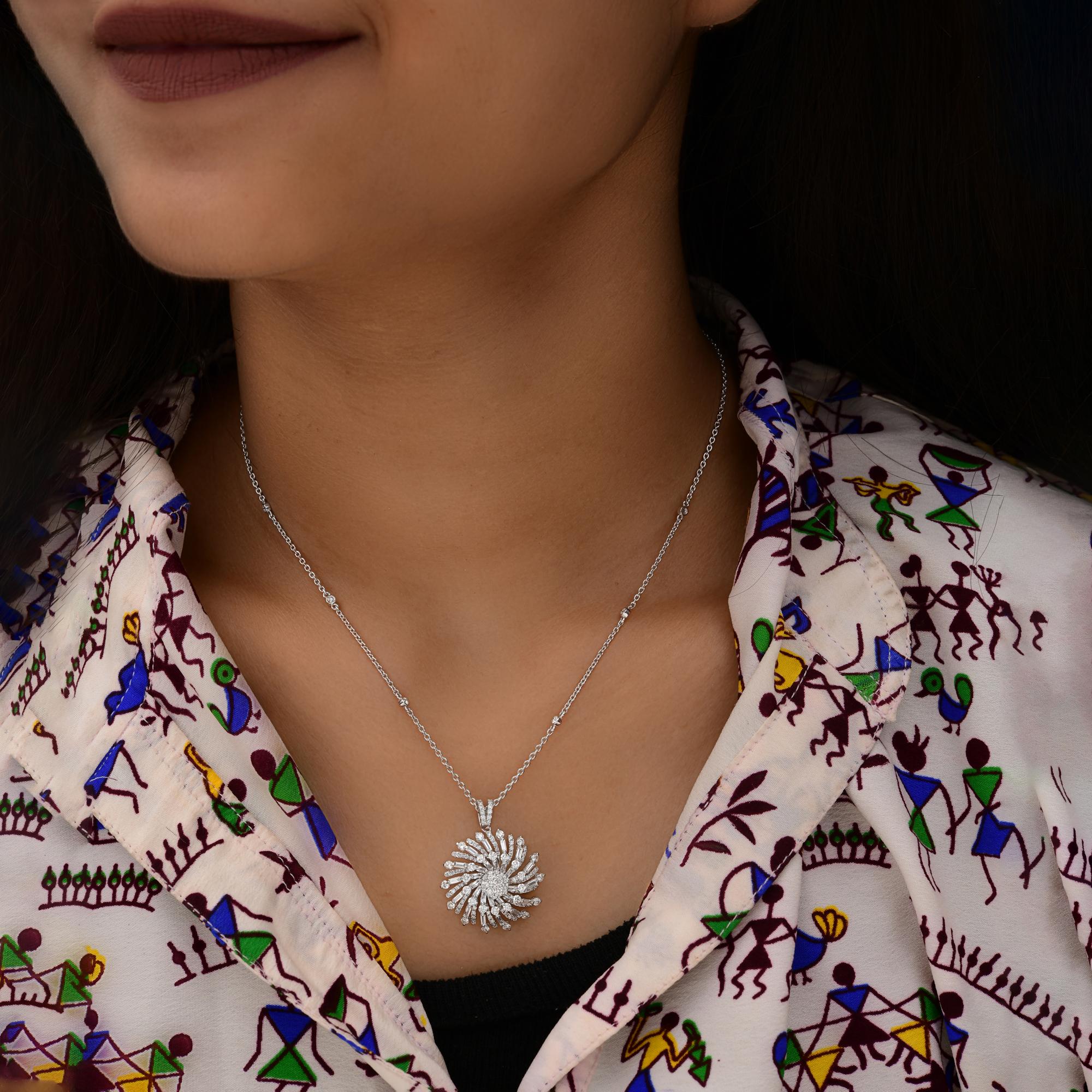 Round Cut 1.83 Carat SI/H Baguette Round Diamond Sunflower Pendant Necklace 18k White Gold For Sale