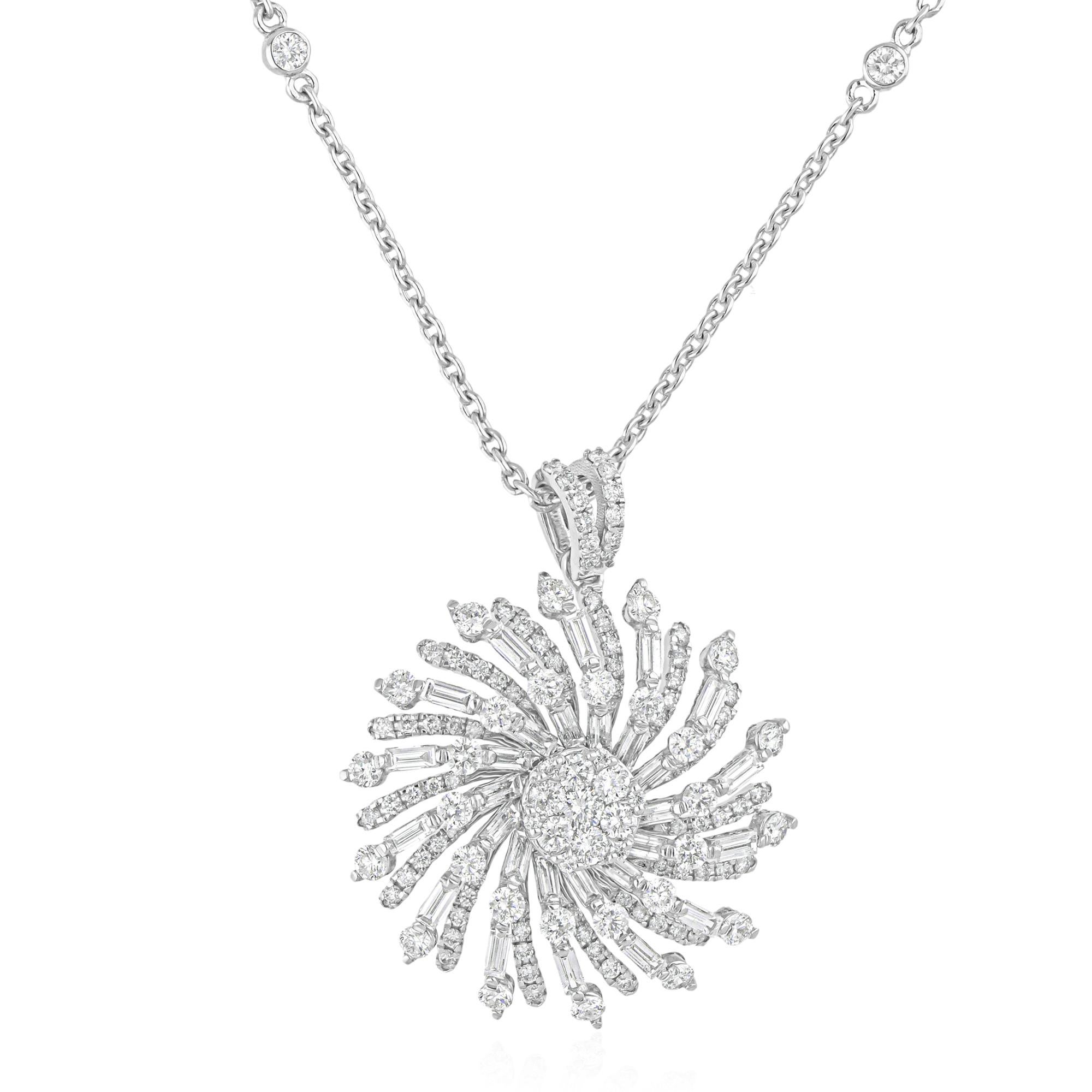 Collar Colgante Girasol Diamante Redondo Baguette SI/H 1,83 Quilates Oro Blanco 18k Corte redondo en venta