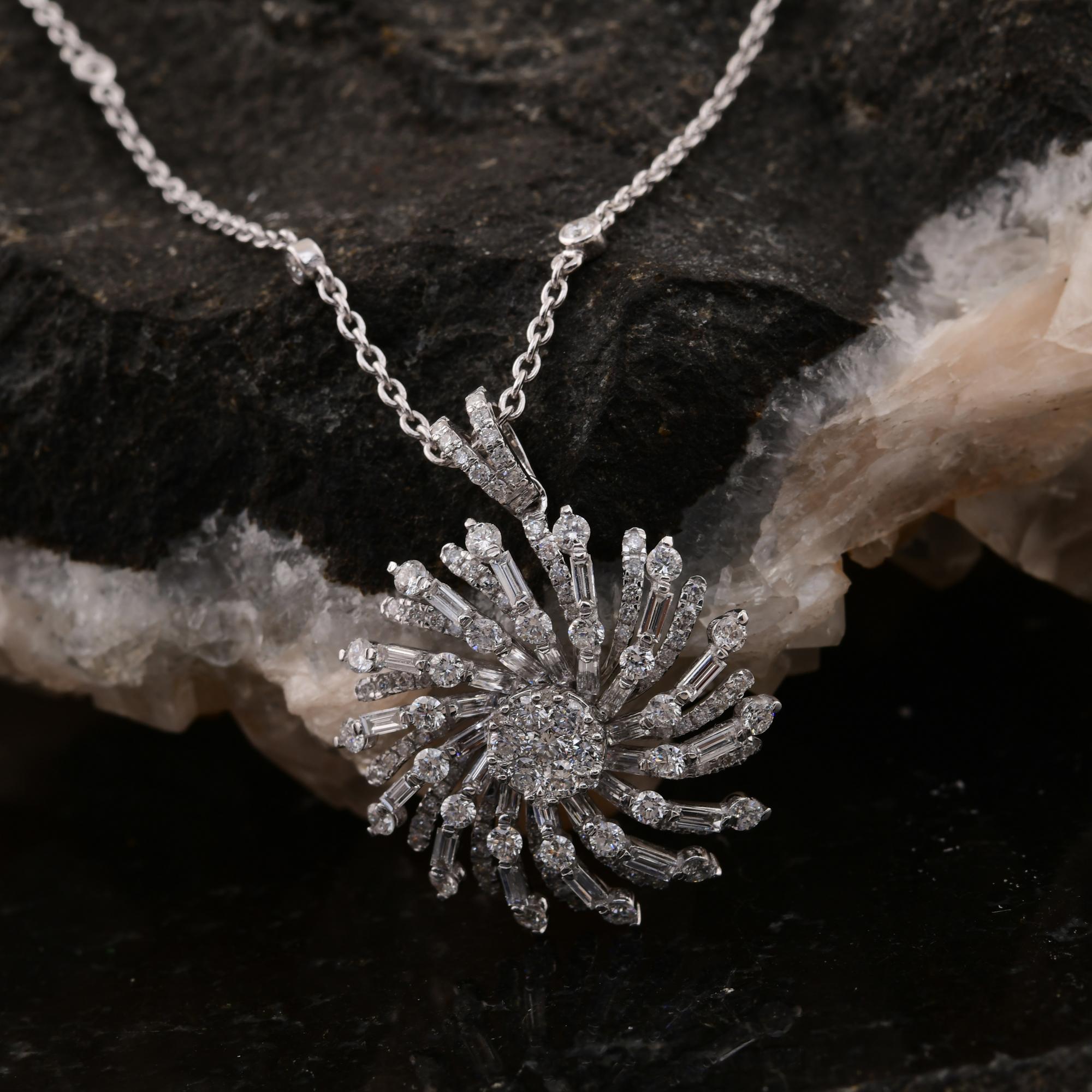 Women's 1.83 Carat SI/H Baguette Round Diamond Sunflower Pendant Necklace 18k White Gold For Sale