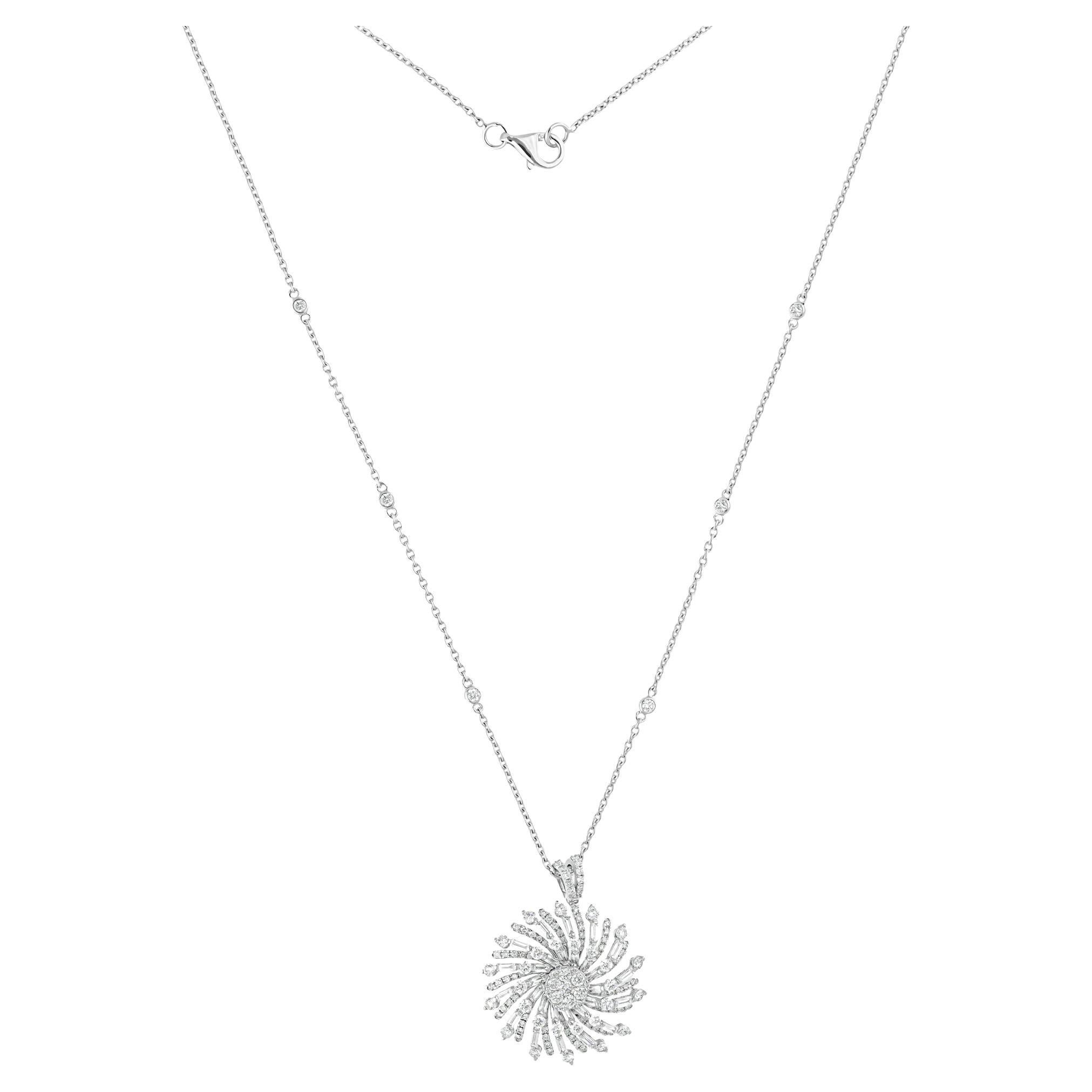 1.83 Carat SI/H Baguette Round Diamond Sunflower Pendant Necklace 18k White Gold