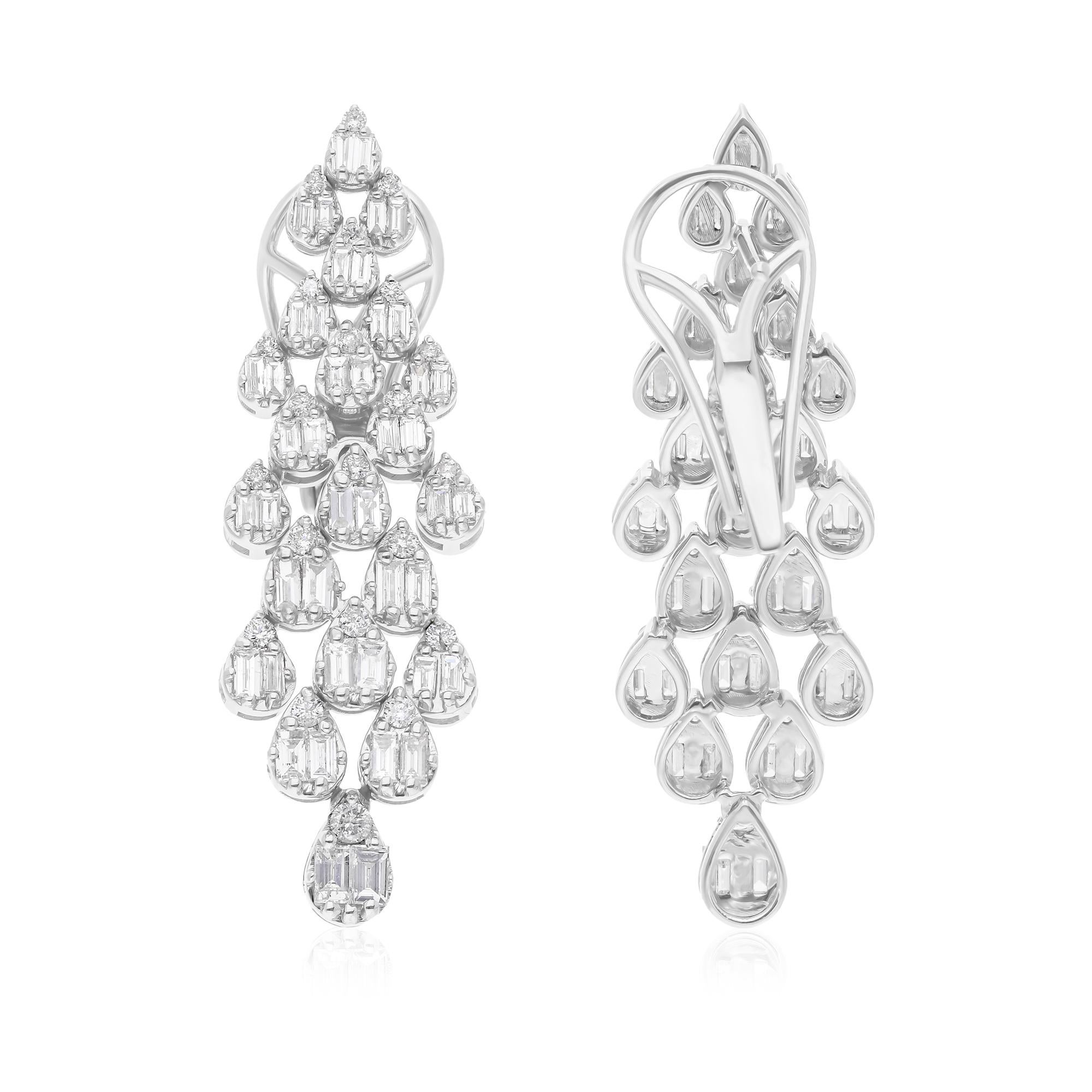 Embrace elegance and sophistication with these stunning 1.8 Carat Round Baguette Cut Diamond Earrings, a true masterpiece of fine jewelry. Crafted from 14 Karat Solid White Gold, these earrings offer a luxurious and timeless design that complements