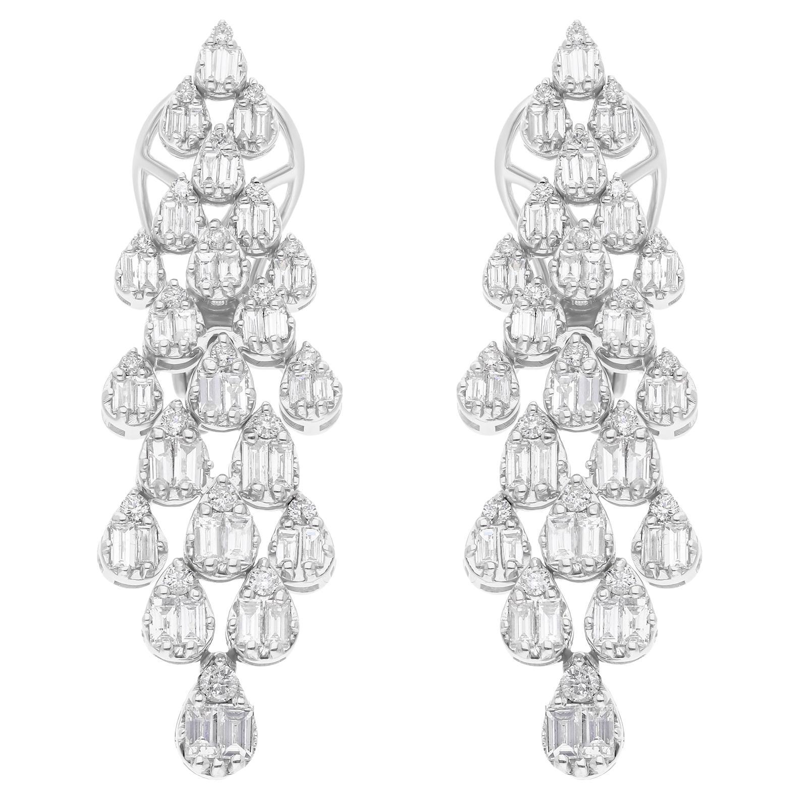 1.83 Carat SI/H Round Baguette Cut Diamond Earrings 14 Karat Solid White Gold