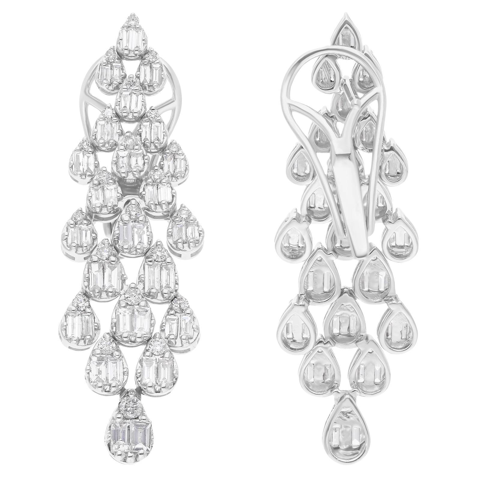 Pendientes de diamantes talla baguette redondos SI/H de 1,83 quilates y oro blanco macizo de 14 quilates en venta