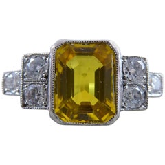 1.83 Carat Yellow Sapphire and Diamond Ring, Modern in Art Deco Style