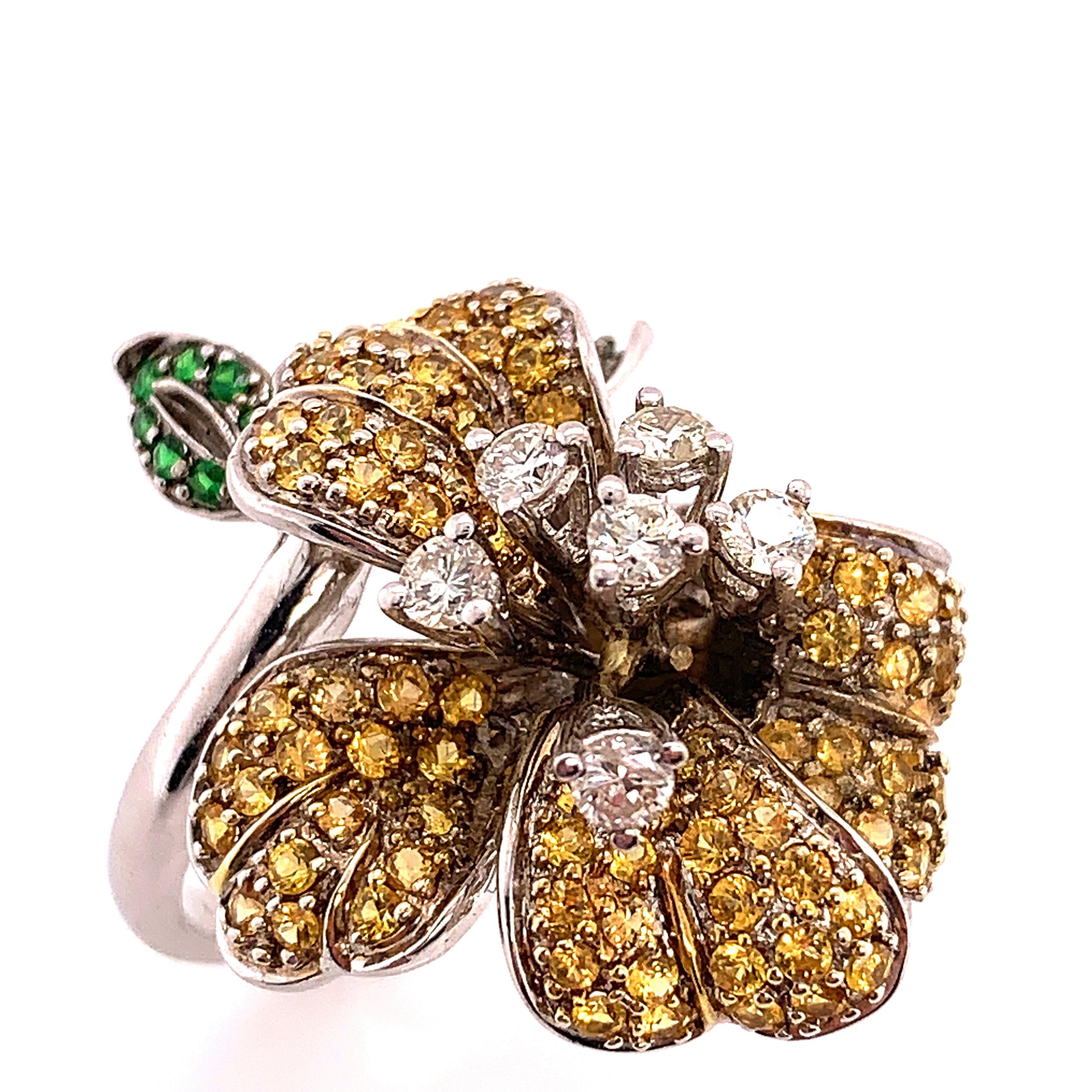 Women's or Men's 1.83 Carat Yellow Sapphire, Green Tsavorite and Diamond Floral Ring