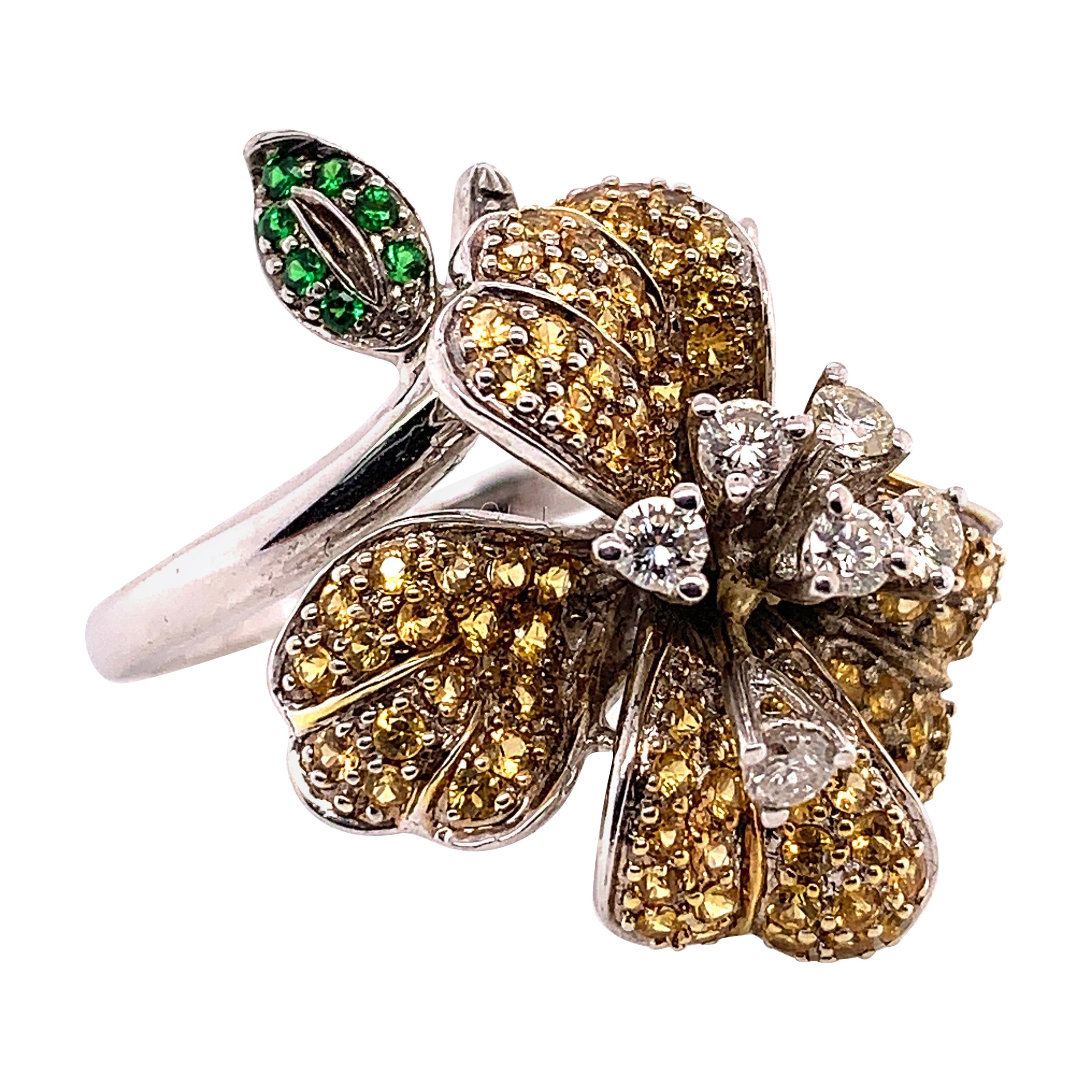 1.83 Carat Yellow Sapphire, Green Tsavorite and Diamond Floral Ring