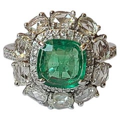 1.83 Carats, Natural Zambian Emerald 
Rose Cut Diamonds Cocktail/Engagement Ring
