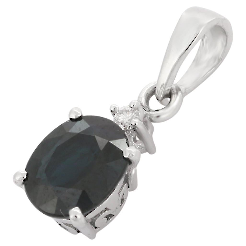 1.83 ct Blue Sapphire Solitaire Pendant with Diamond in 18K White Gold For Sale