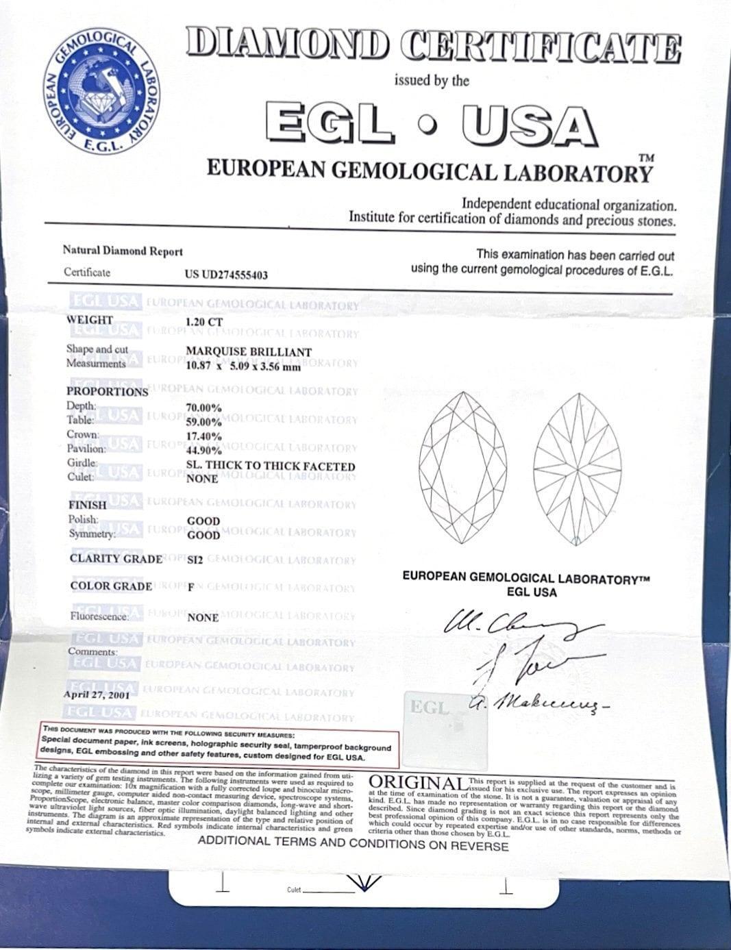 da uomo o donna Anello con diamante marquise certificato EGL da 1,83 carati in vendita