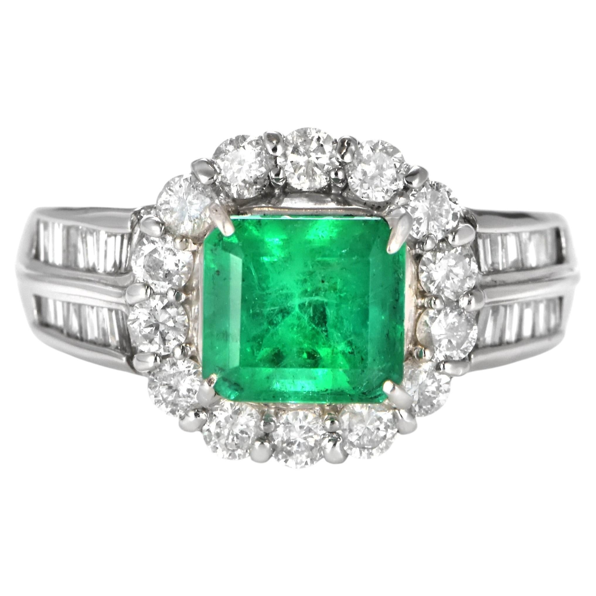 1.83 ct Natural Vivid Green Colombian Emerald and Diamond Ring Made in Platinum