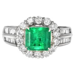 1.83 ct Natural Vivid Green Colombian Emerald and Diamond Ring Made in Platinum