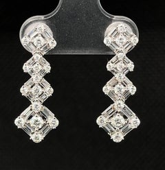 Baguette & Round Diamond Waterfall Dangle Earrings in White Gold, 1.83 ct. t.w.