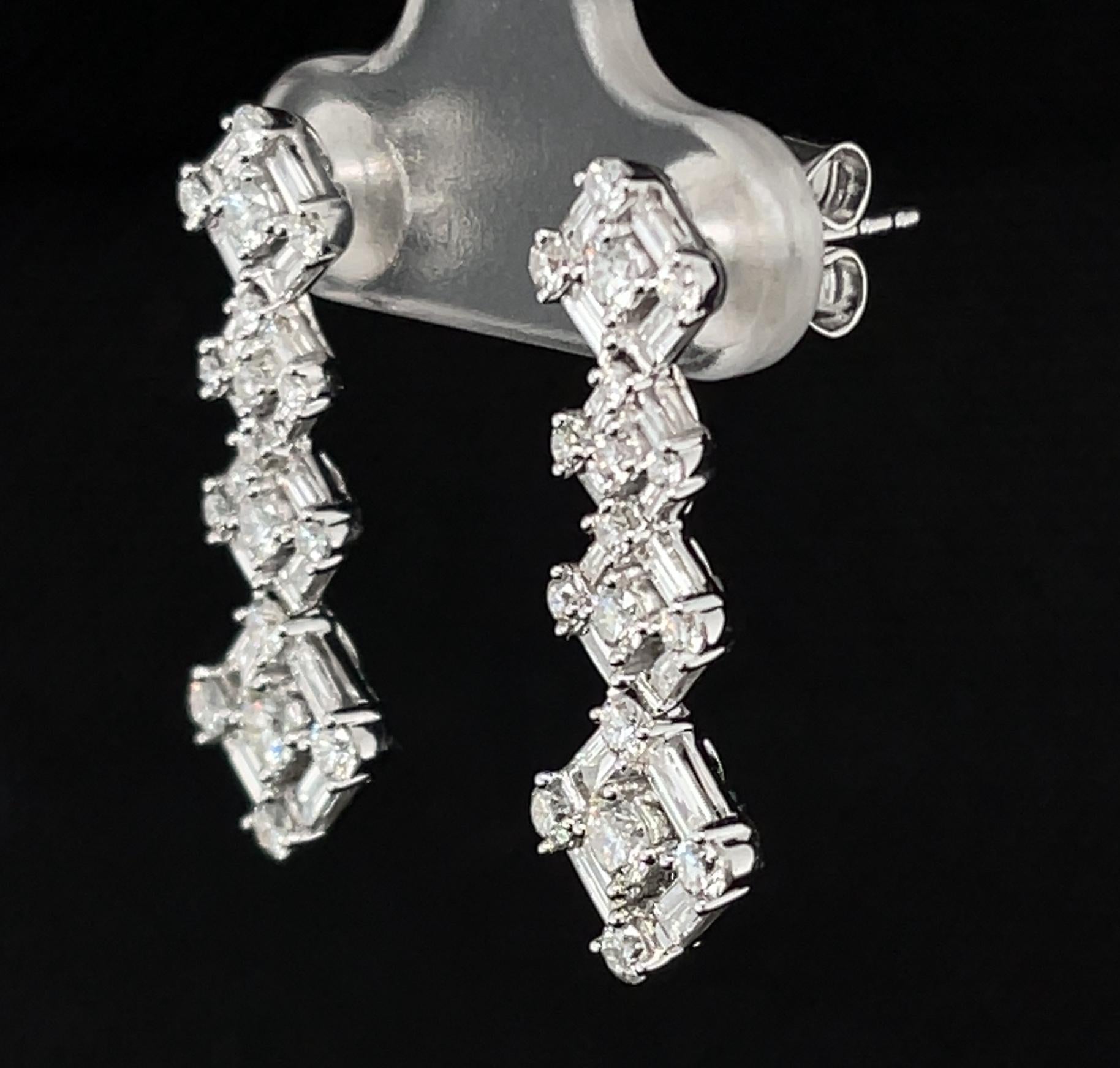 Baguette & Round Diamond Waterfall Dangle Earrings in White Gold, 1.83 ct. t.w.  For Sale 1