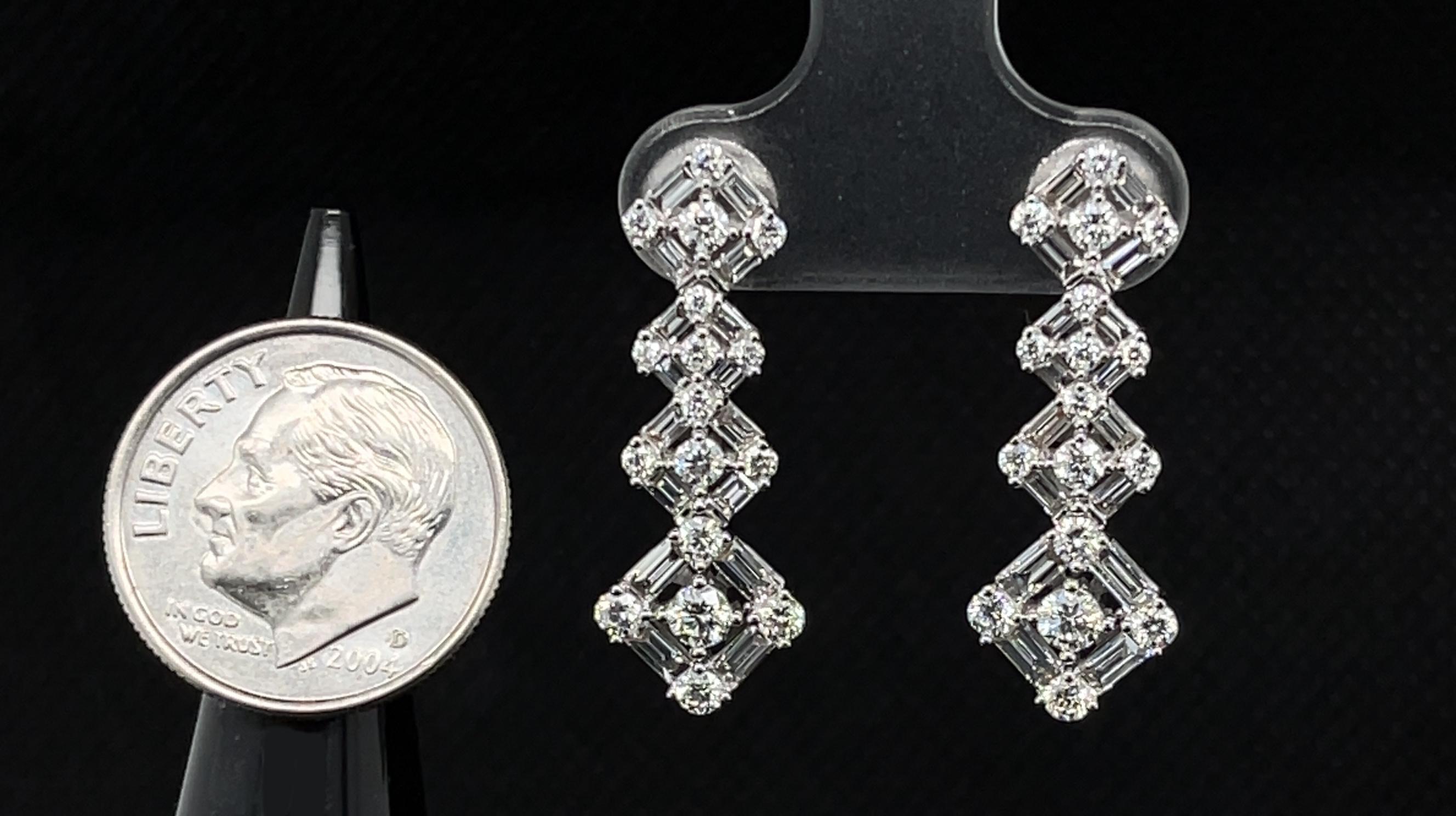 Baguette & Round Diamond Waterfall Dangle Earrings in White Gold, 1.83 ct. t.w.  For Sale 2