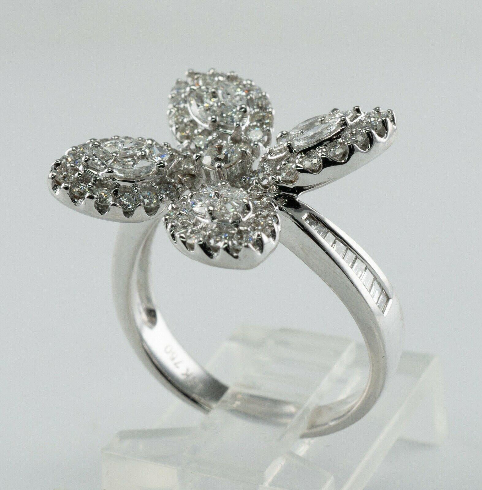 1.83 Ctw Diamond Ring Flower Butterfly 18K White Gold Statement Cocktail For Sale 5