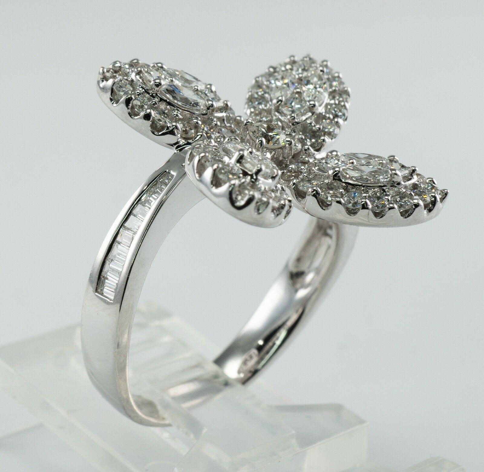 1.83 Ctw Diamond Ring Flower Butterfly 18K White Gold Statement Cocktail For Sale 6
