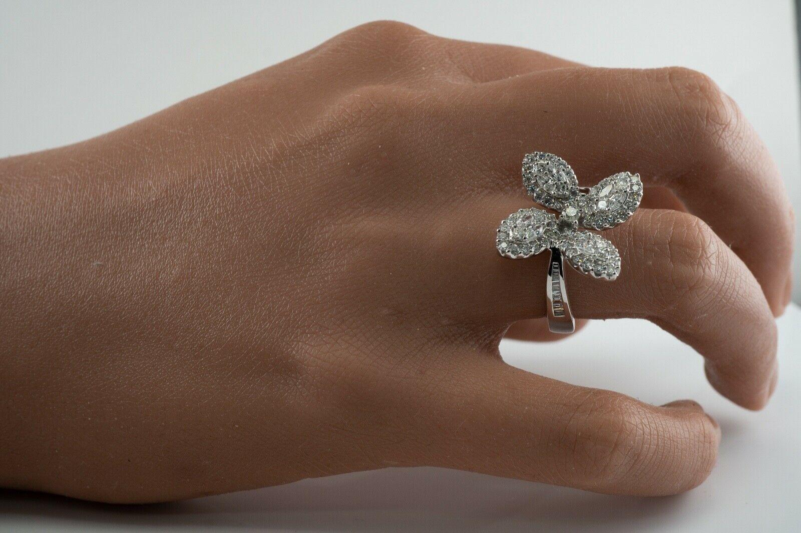 Marquise Cut 1.83 Ctw Diamond Ring Flower Butterfly 18K White Gold Statement Cocktail For Sale