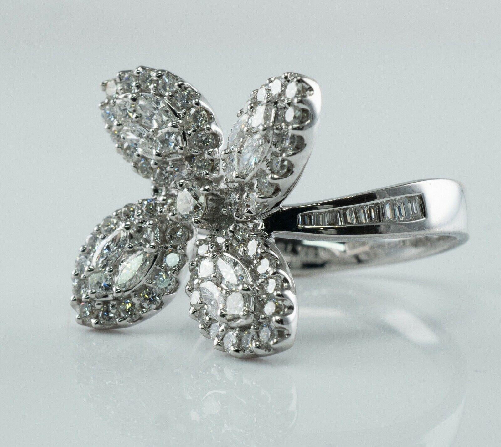 1.83 Ctw Diamond Ring Flower Butterfly 18K White Gold Statement Cocktail In Good Condition For Sale In East Brunswick, NJ