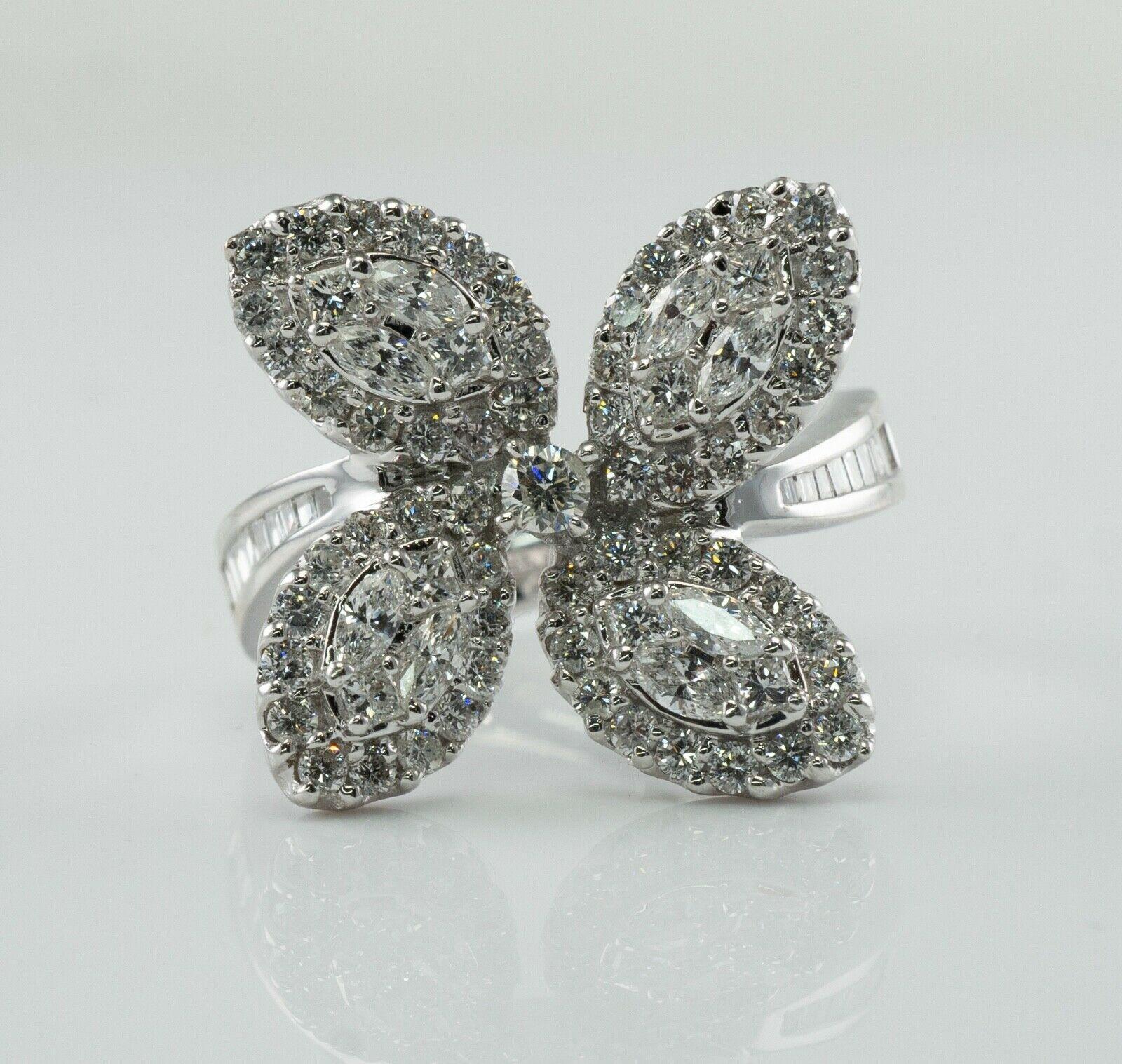 1.83 Ctw Diamond Ring Flower Butterfly 18K White Gold Statement Cocktail For Sale 1