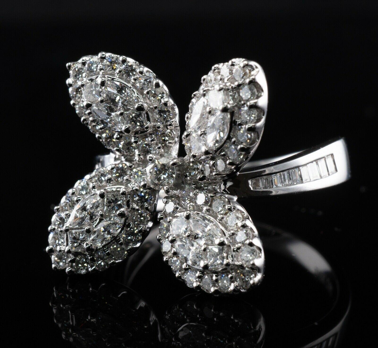 1.83 Ctw Diamond Ring Flower Butterfly 18K White Gold Statement Cocktail For Sale 2
