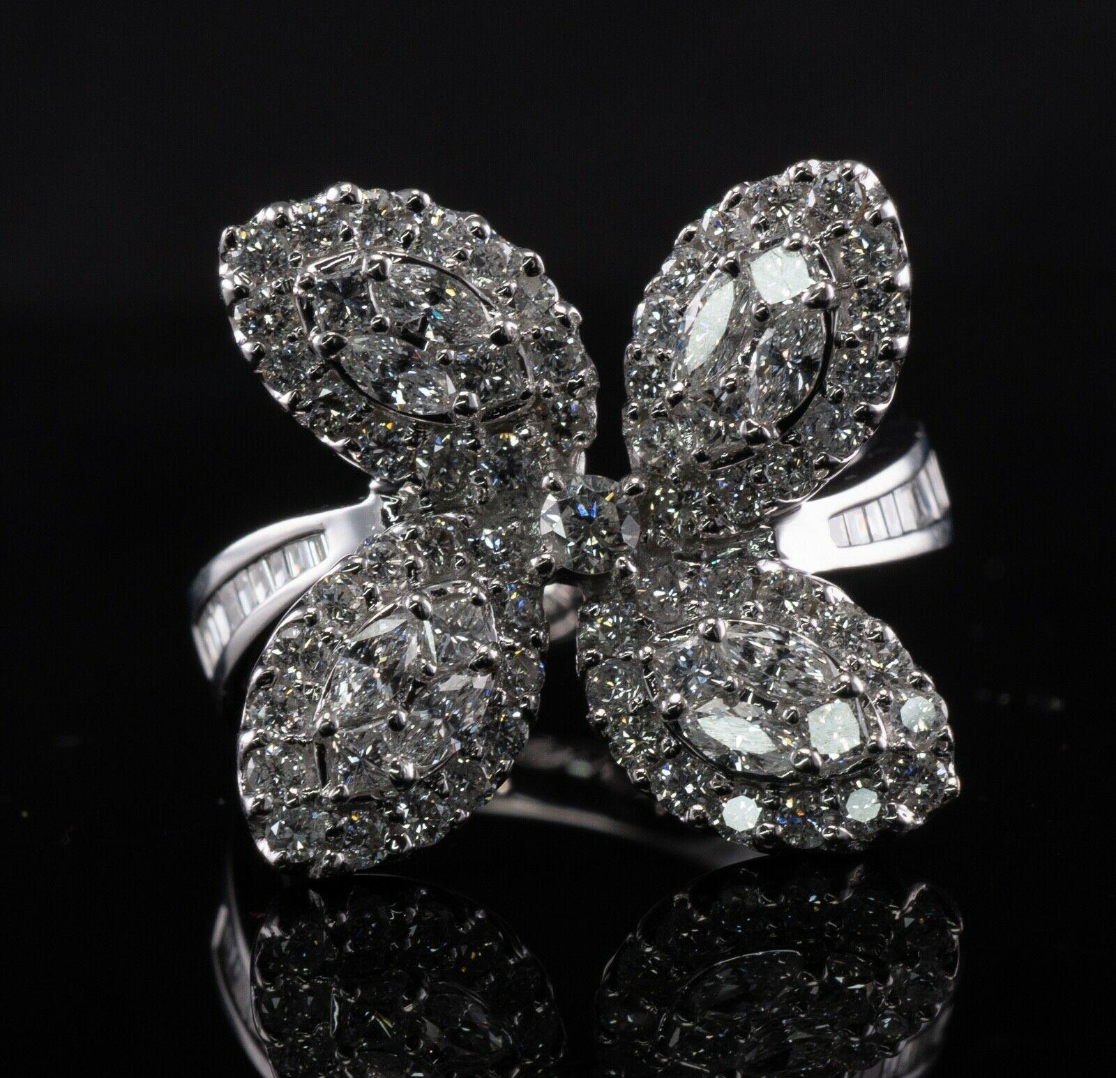 1.83 Ctw Diamond Ring Flower Butterfly 18K White Gold Statement Cocktail For Sale 4