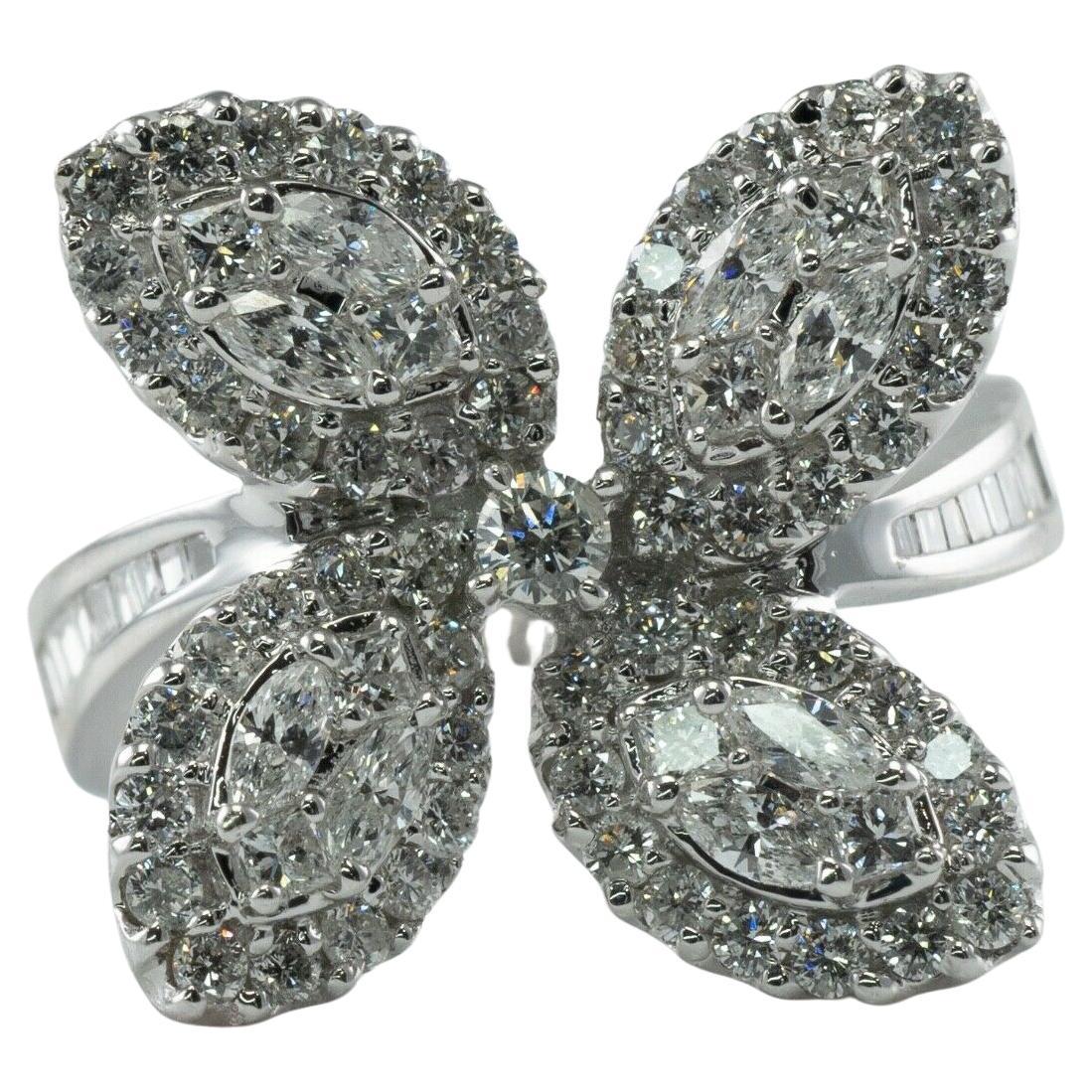 1.83 Ctw Diamond Ring Flower Butterfly 18K White Gold Statement Cocktail