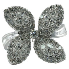 1.83 Ctw Diamond Ring Flower Butterfly 18K White Gold Statement Cocktail