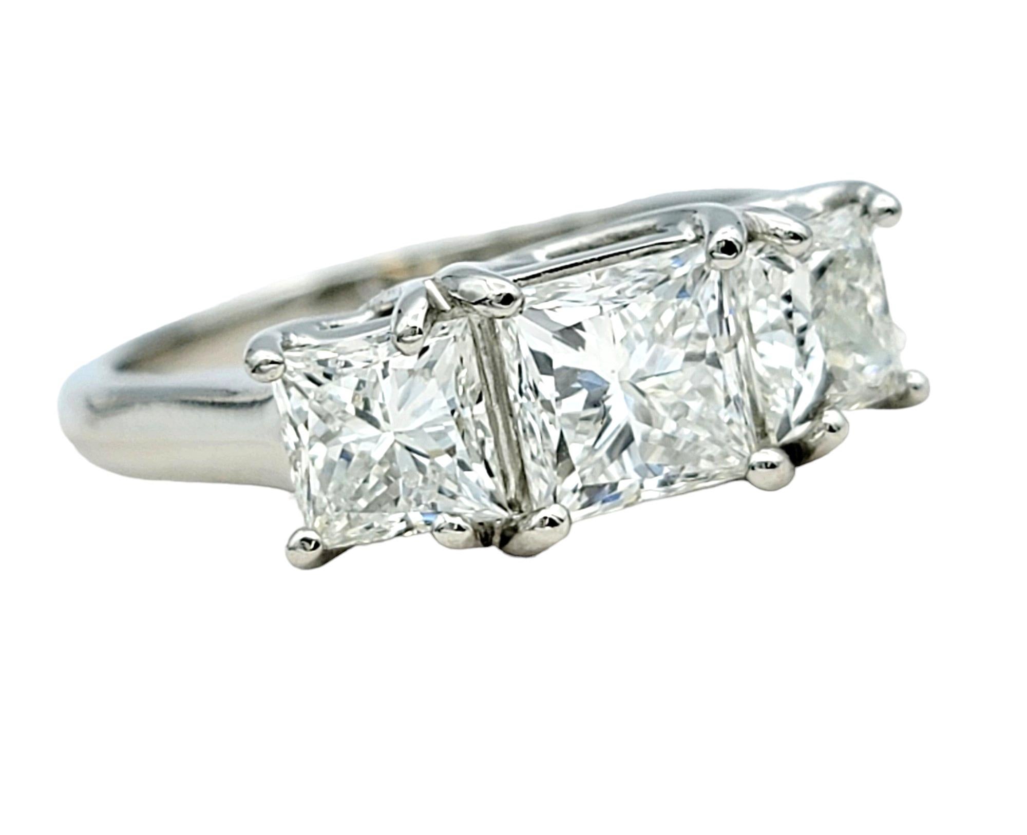 1.83 Total Carat Princess Cut Three Stone Diamond Ring Set in Platinum, Size 5.5 In Good Condition For Sale In Scottsdale, AZ