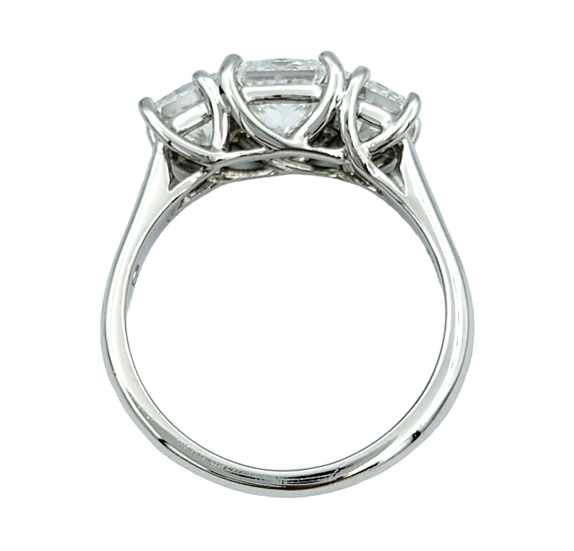 Women's 1.83 Total Carat Princess Cut Three Stone Diamond Ring Set in Platinum, Size 5.5 For Sale