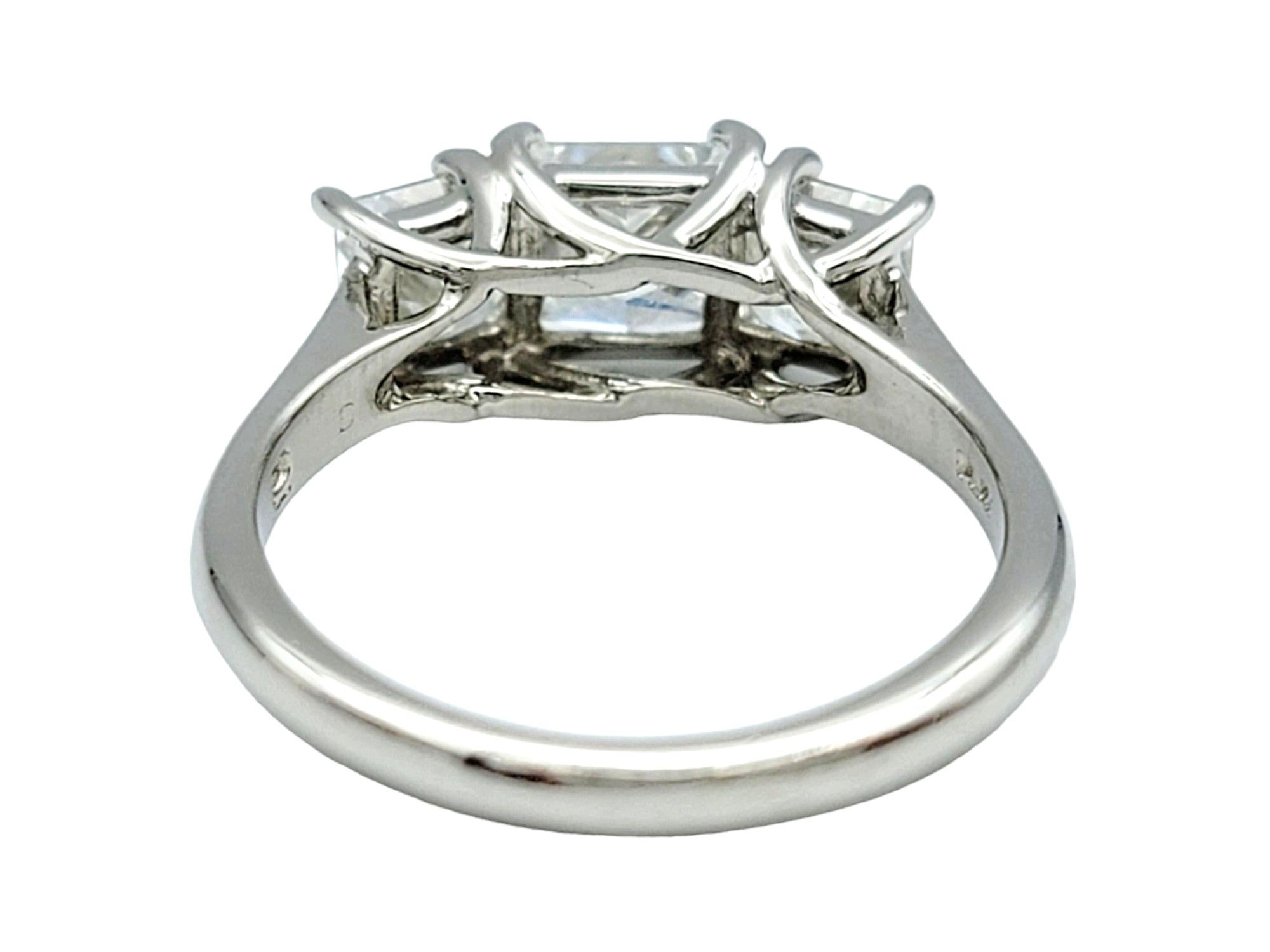 1.83 Total Carat Princess Cut Three Stone Diamond Ring Set in Platinum, Size 5.5 For Sale 1