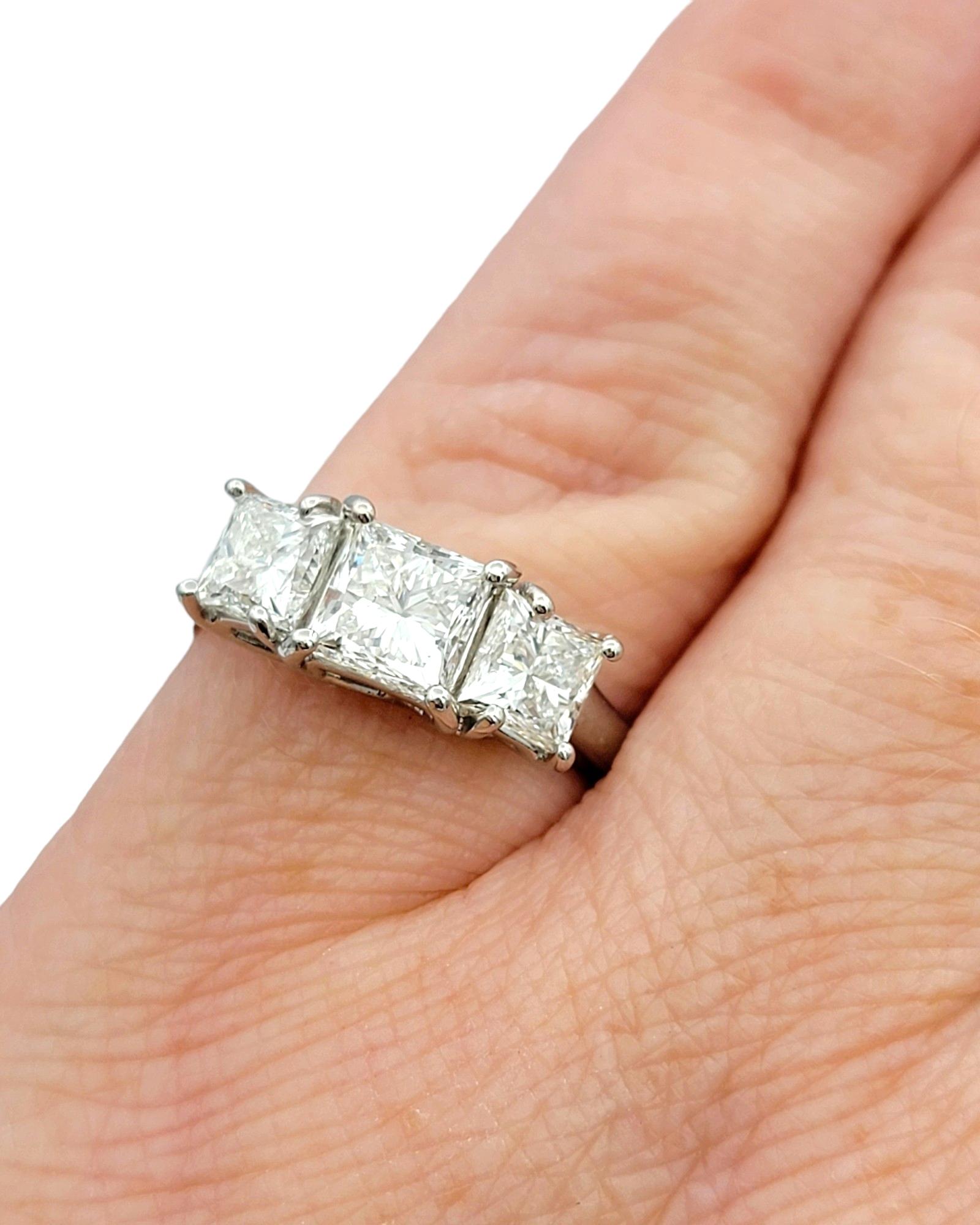 1.83 Total Carat Princess Cut Three Stone Diamond Ring Set in Platinum, Size 5.5 For Sale 3