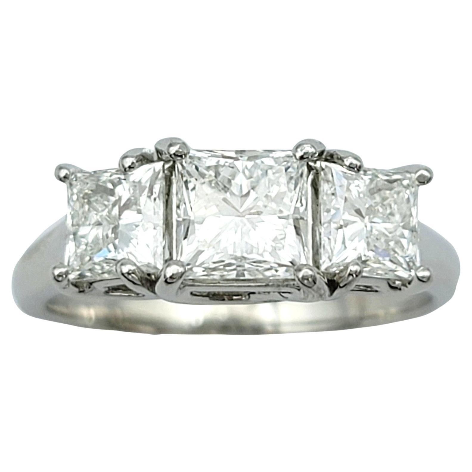 1.83 Total Carat Princess Cut Three Stone Diamond Ring Set in Platinum, Size 5.5 For Sale