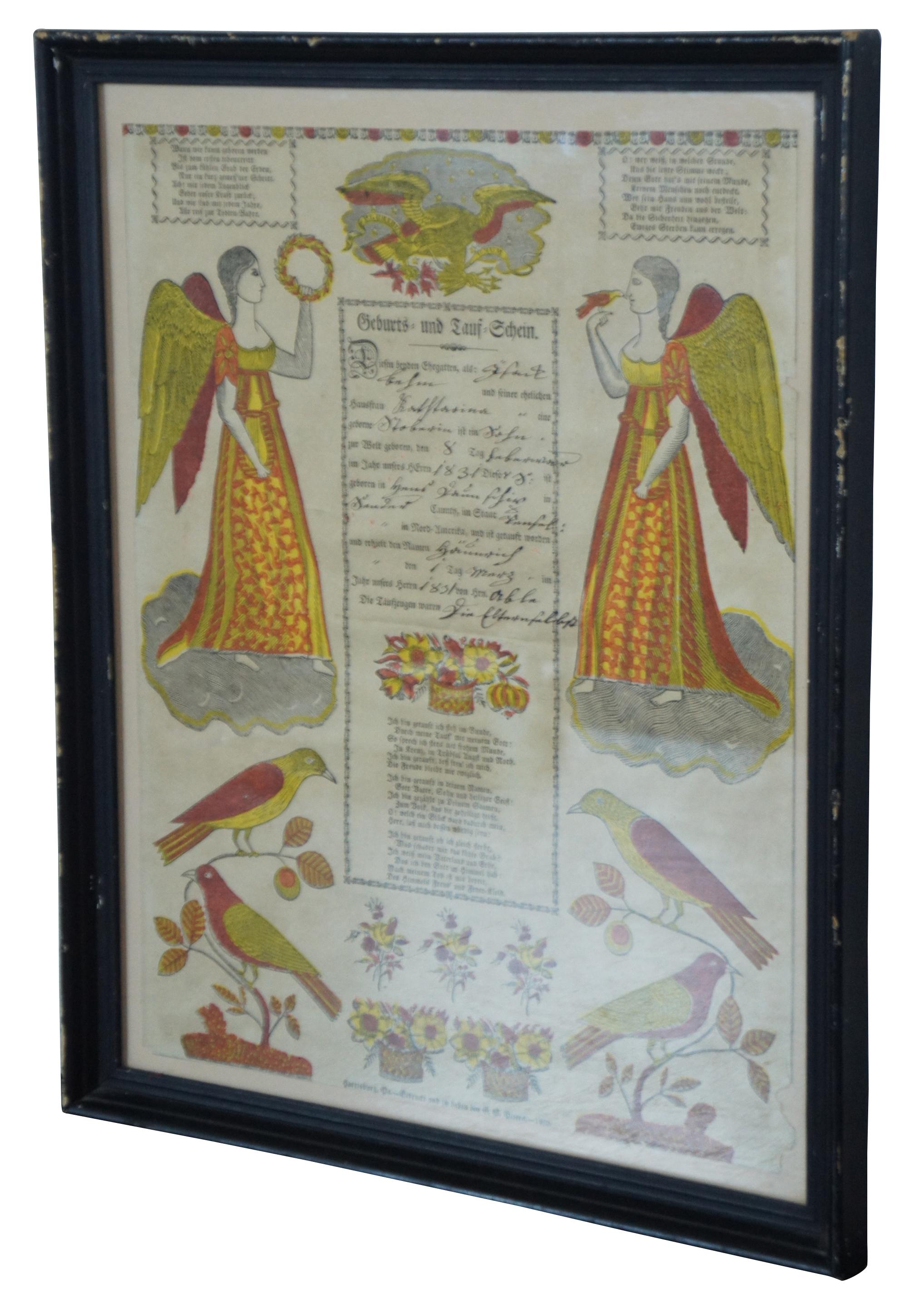 Antique German / “Pennsylvania Dutch” Birth and Baptismal Certificate lithograph with color block printing in red and yellow, printed in 1830 and signed in 1831.

Measures: 14” x 1” x 17” / Sans Frame - 11.5” x 14.5” (Width x Depth x Height).