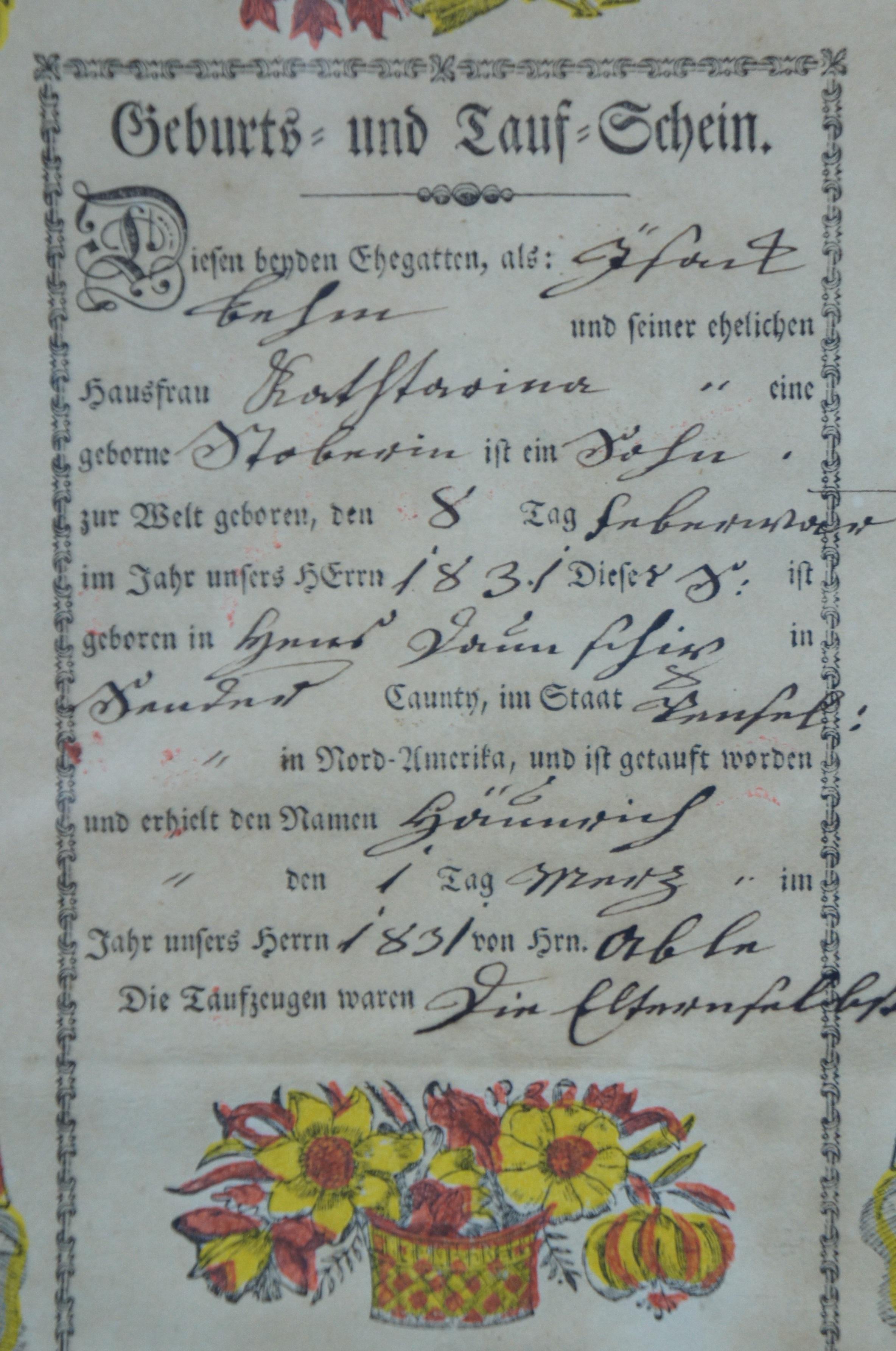 Folk Art 1830 Antique German Pennsylvania Dutch Birth & Baptismal Lithograph Certificate For Sale