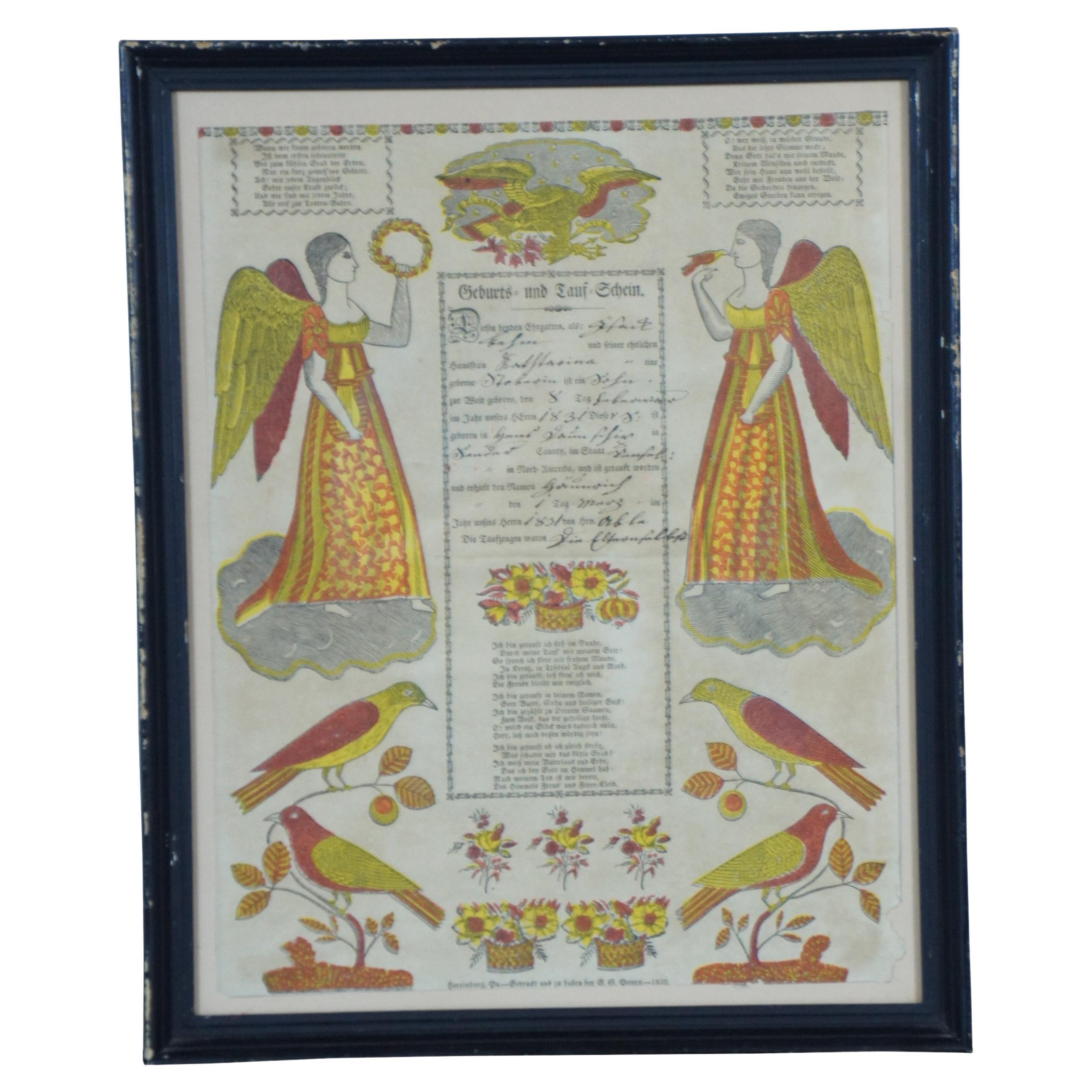 1830 Antique German Pennsylvania Dutch Birth & Baptismal Lithograph Certificate For Sale