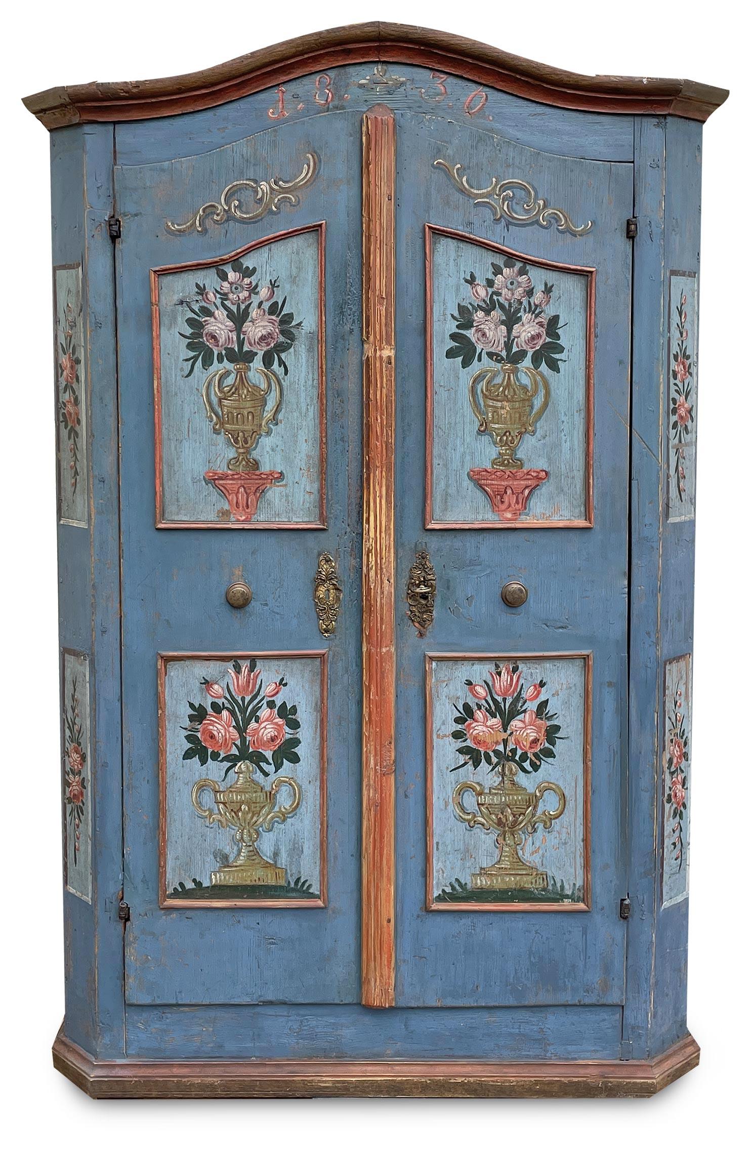 Mid-19th Century 1830 Blu Floral Painted Cabinet