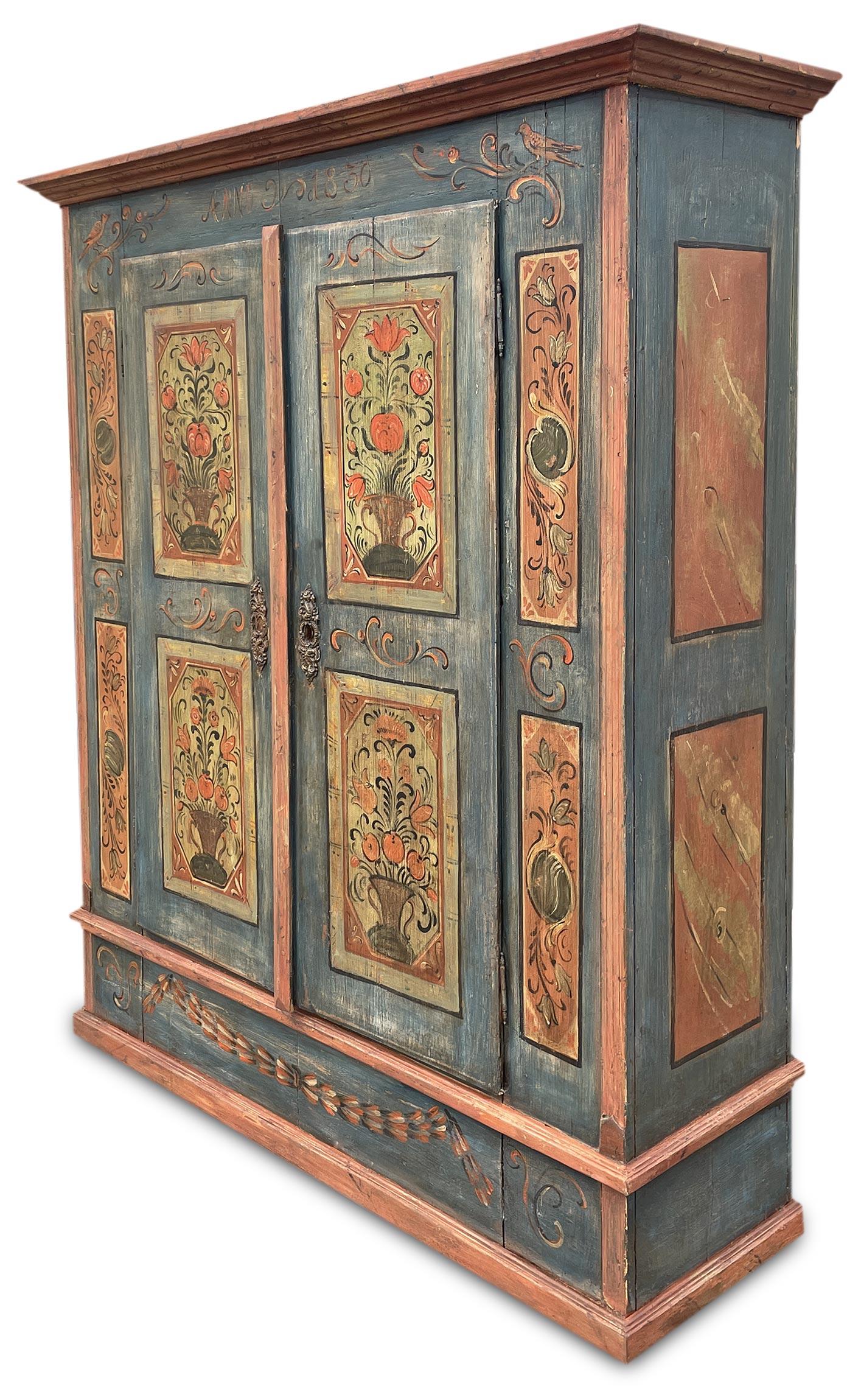 1830 Blue Floral Painted Two Doors Cabin Wardrobe For Sale 6