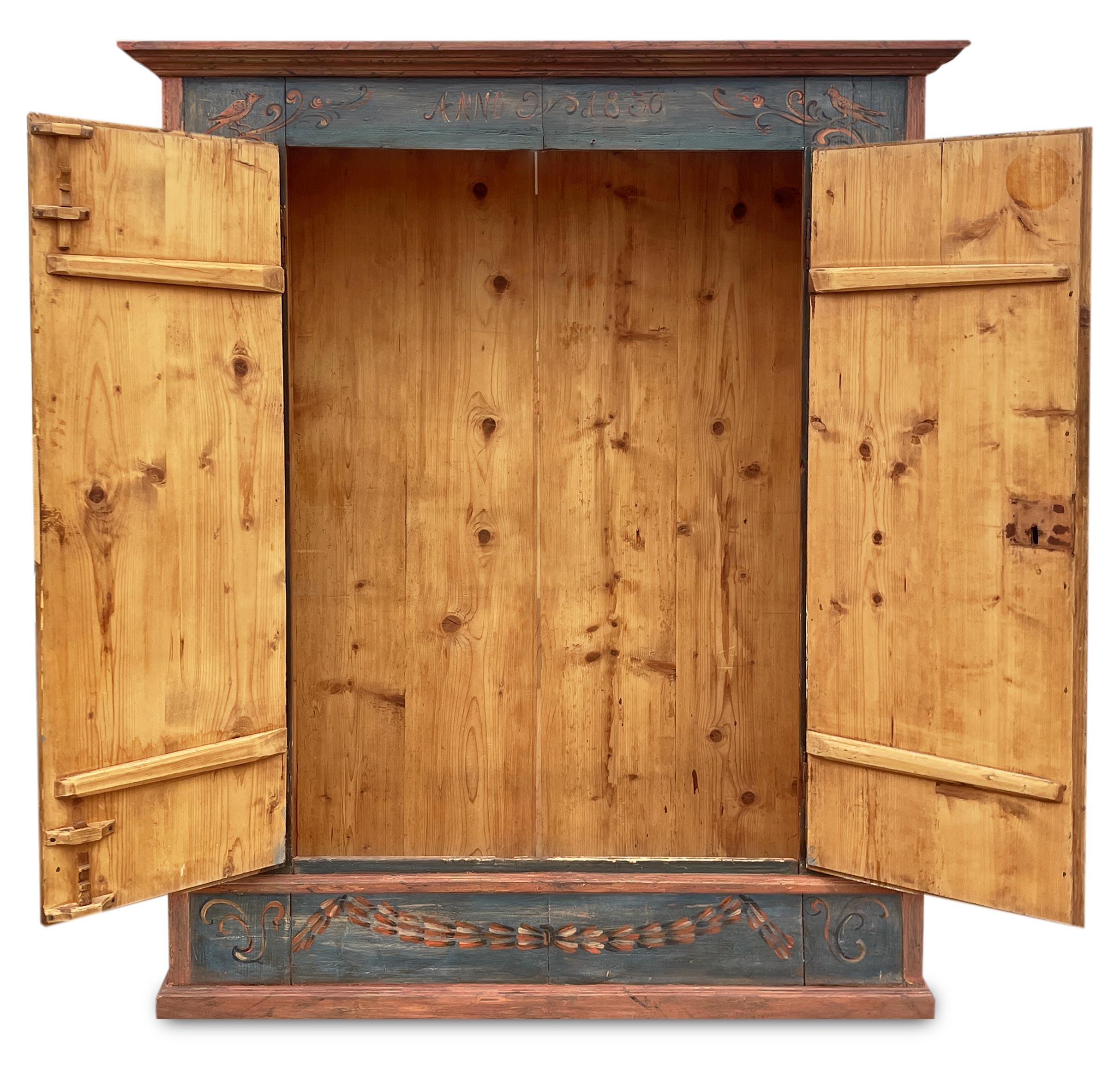 Rustic 1830 Blue Floral Painted Two Doors Cabin Wardrobe For Sale
