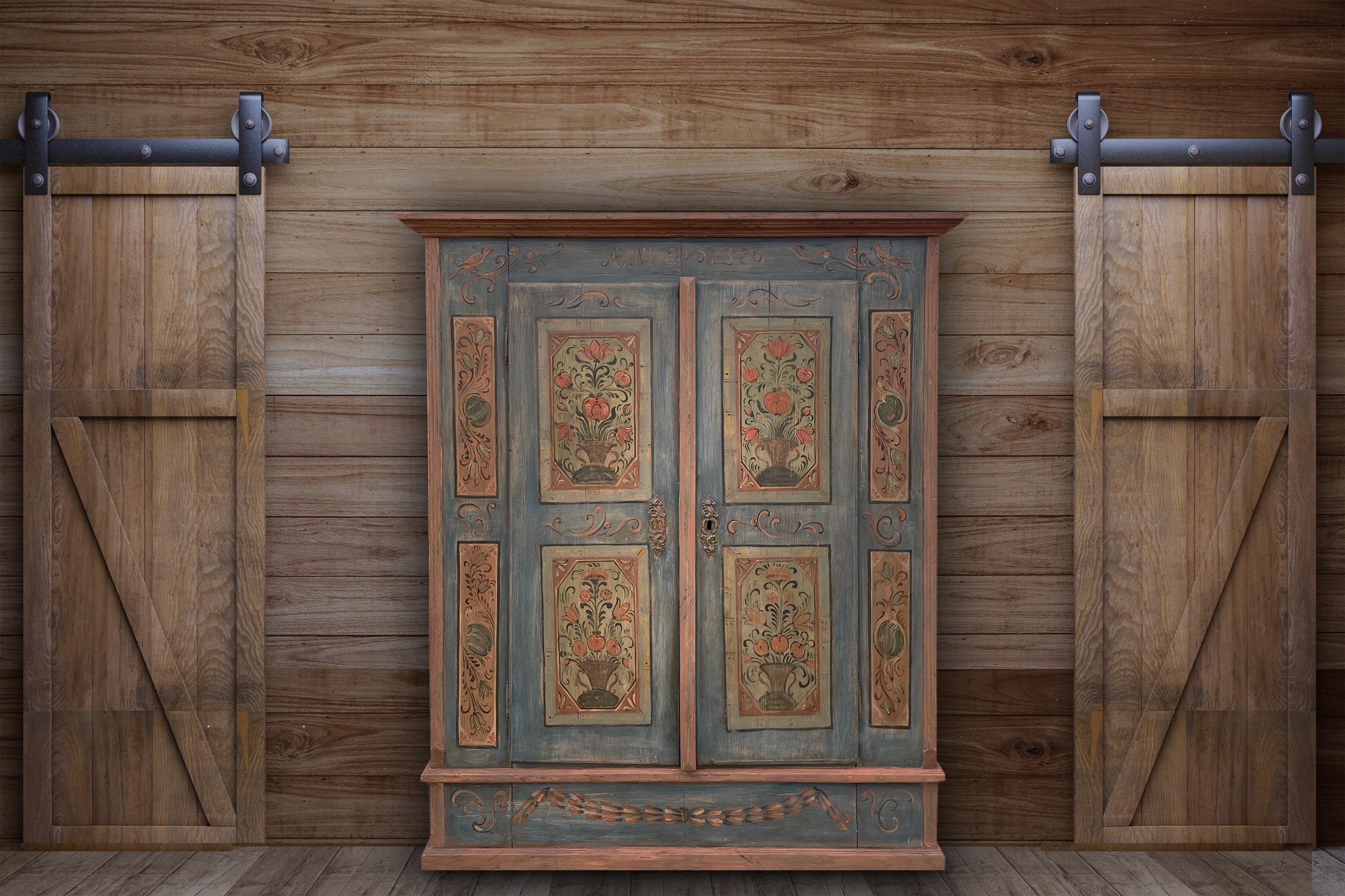 Hand-Carved 1830 Blue Floral Painted Two Doors Cabin Wardrobe For Sale