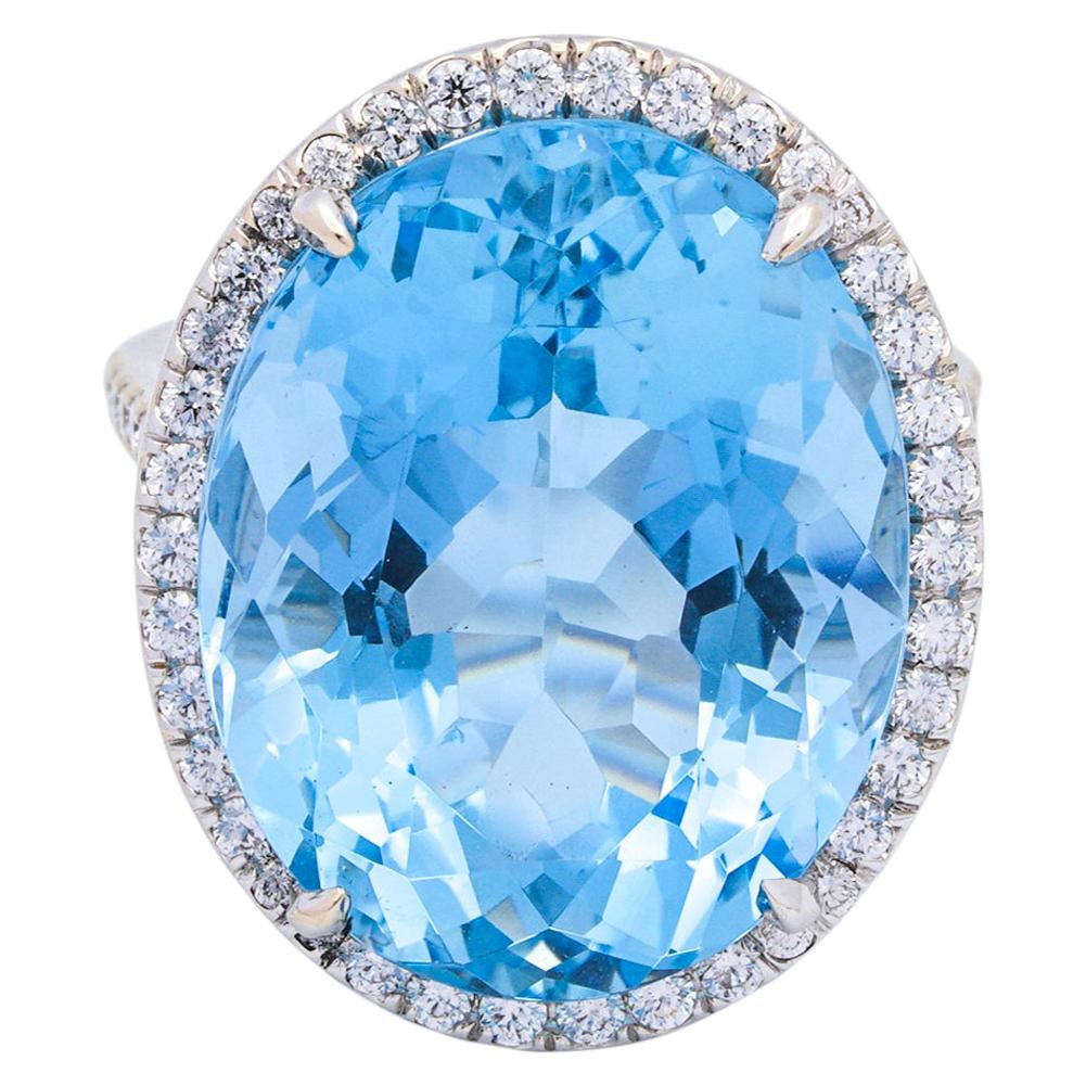 18.30 Carat Natural AGL Certified Blue Oval Aquamarine and Diamond Ring