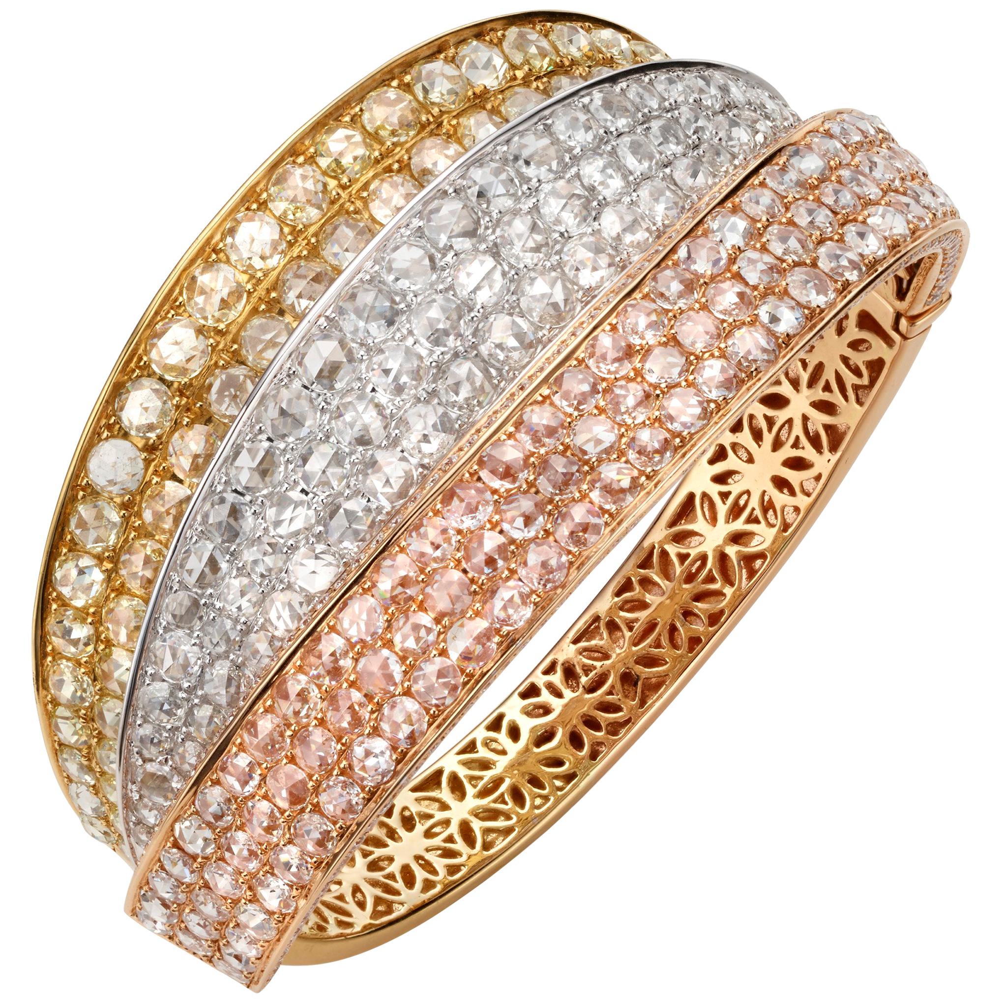 18.30 Carat Rose Cut Round Diamond 18 Karat Tricolor Gold Cuff Bangle For Sale