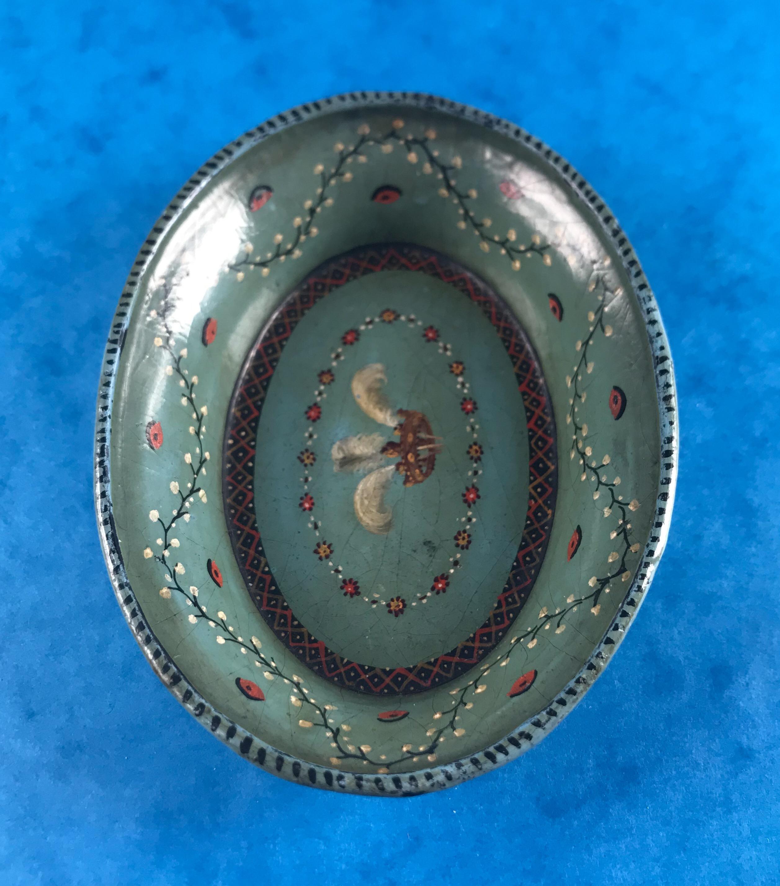 1830 Hand Painted Green Papier-mâché Pin or Counter Tray 1