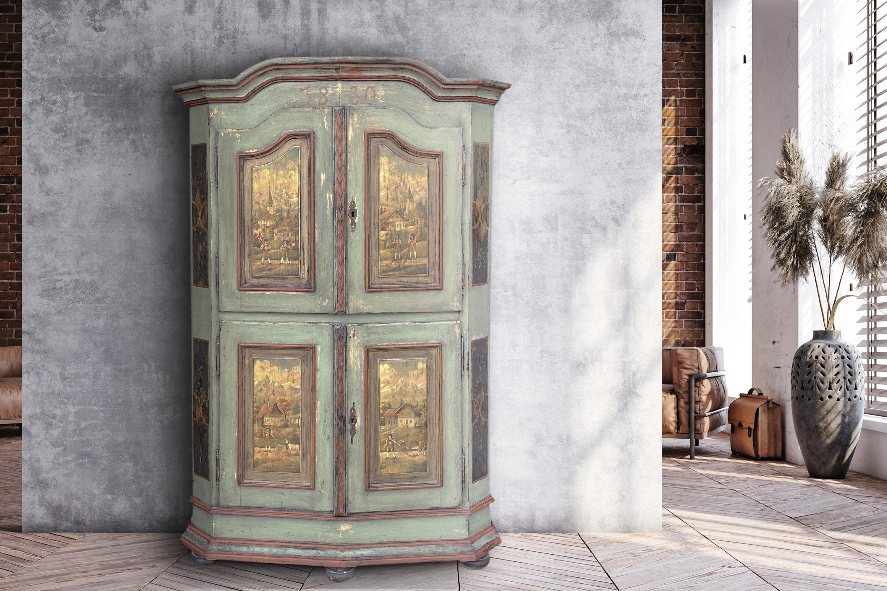 Green painted wardrobe dated 1830

Dimension: H. 175 cm – W. 111 cm (122 to the frames)  – D. 51 cm (56 to the frames) 
Era: 1830 (dated)
Provenience: Switzerland
Essence: Fir

Item description

Antique wardrobe entirely painted in sage green.
It is