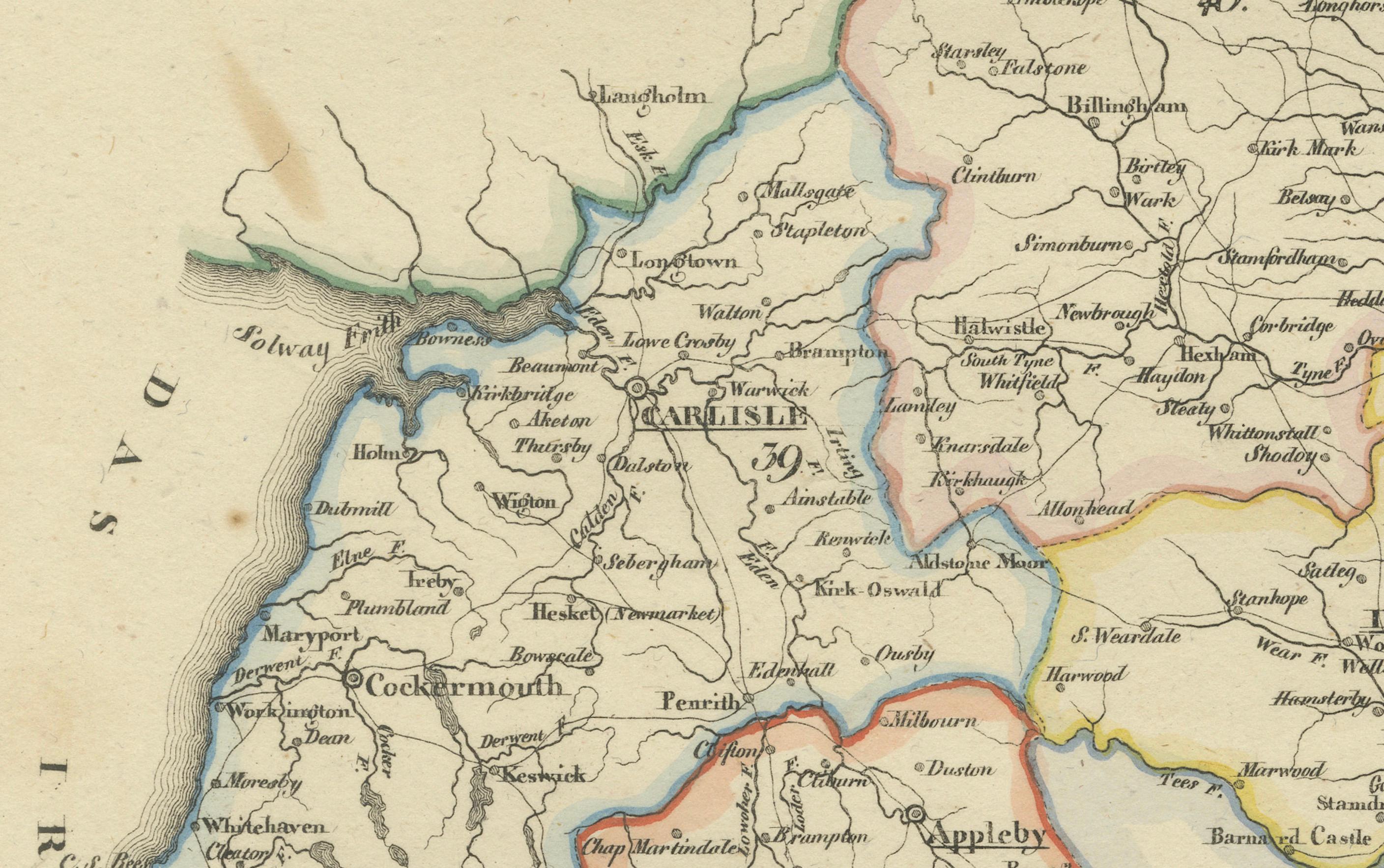 Title:  Antique 1830 Map of Northern England with Durham, Cumberland, Westmorland, and Northumberland  

Description:  This 1830 German-language map, titled Britisches Reich – A. Kon: England, focuses on northern England and highlights the counties