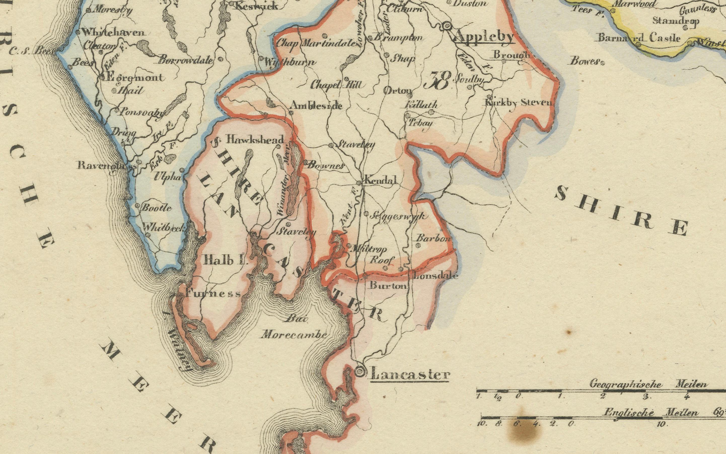 Engraved 1830 Map of Northern England and Durham, Cumberland, Westmorland, Northumberland For Sale