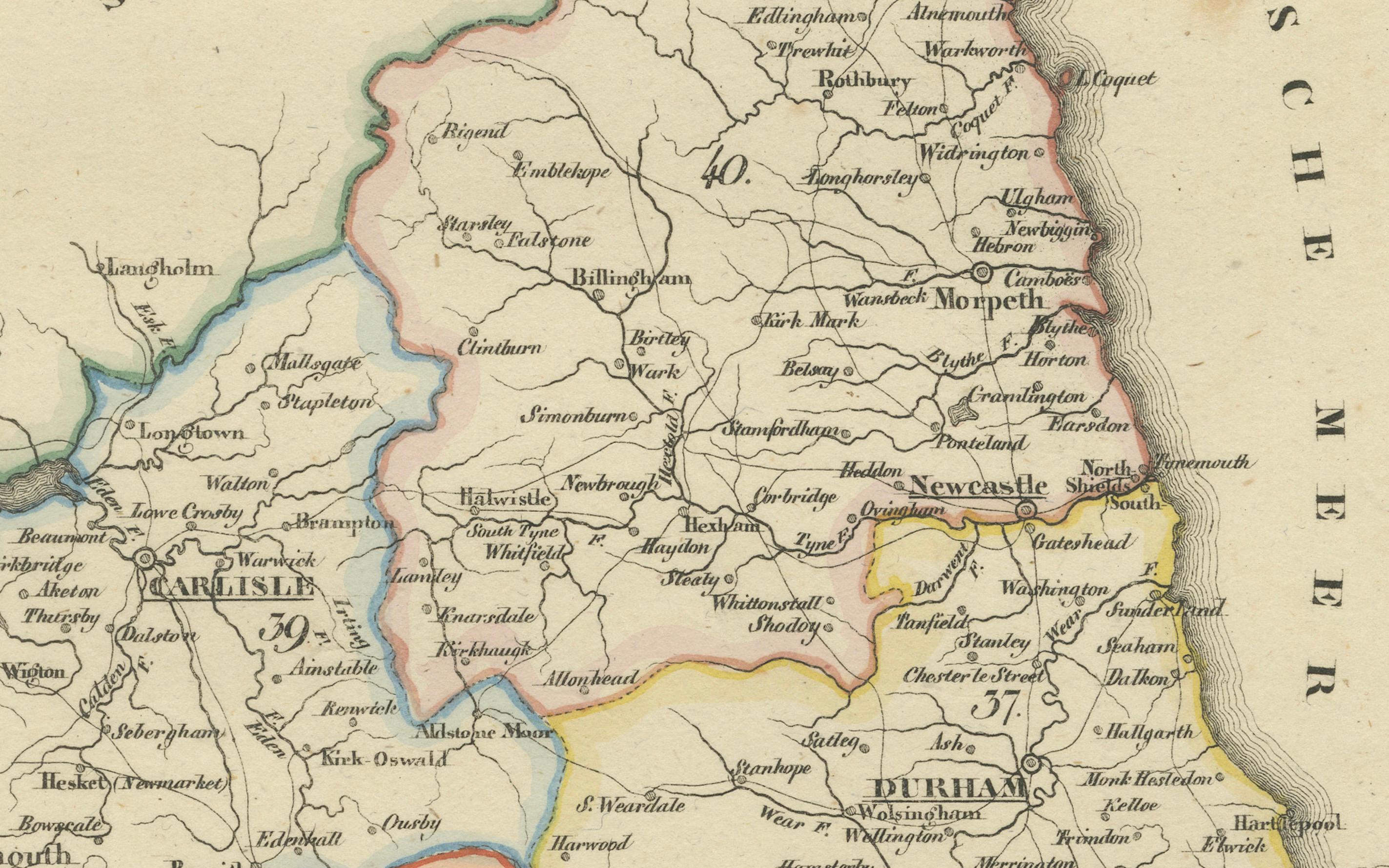 1830 Map of Northern England and Durham, Cumberland, Westmorland, Northumberland In Good Condition For Sale In Langweer, NL